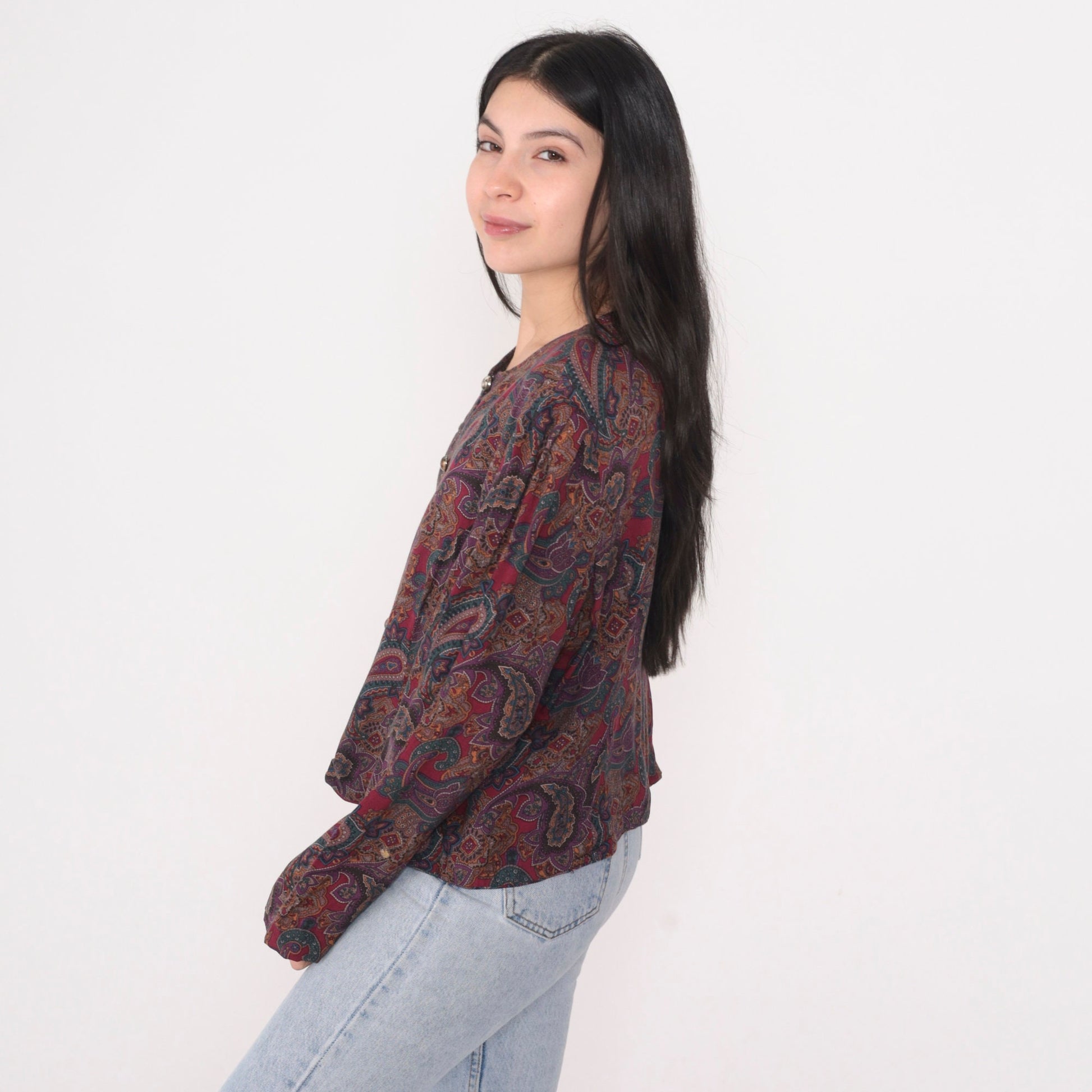 90s Maggy London Paisley Button-Up Blouse Long Sleeve Red Purple Green Large Petite