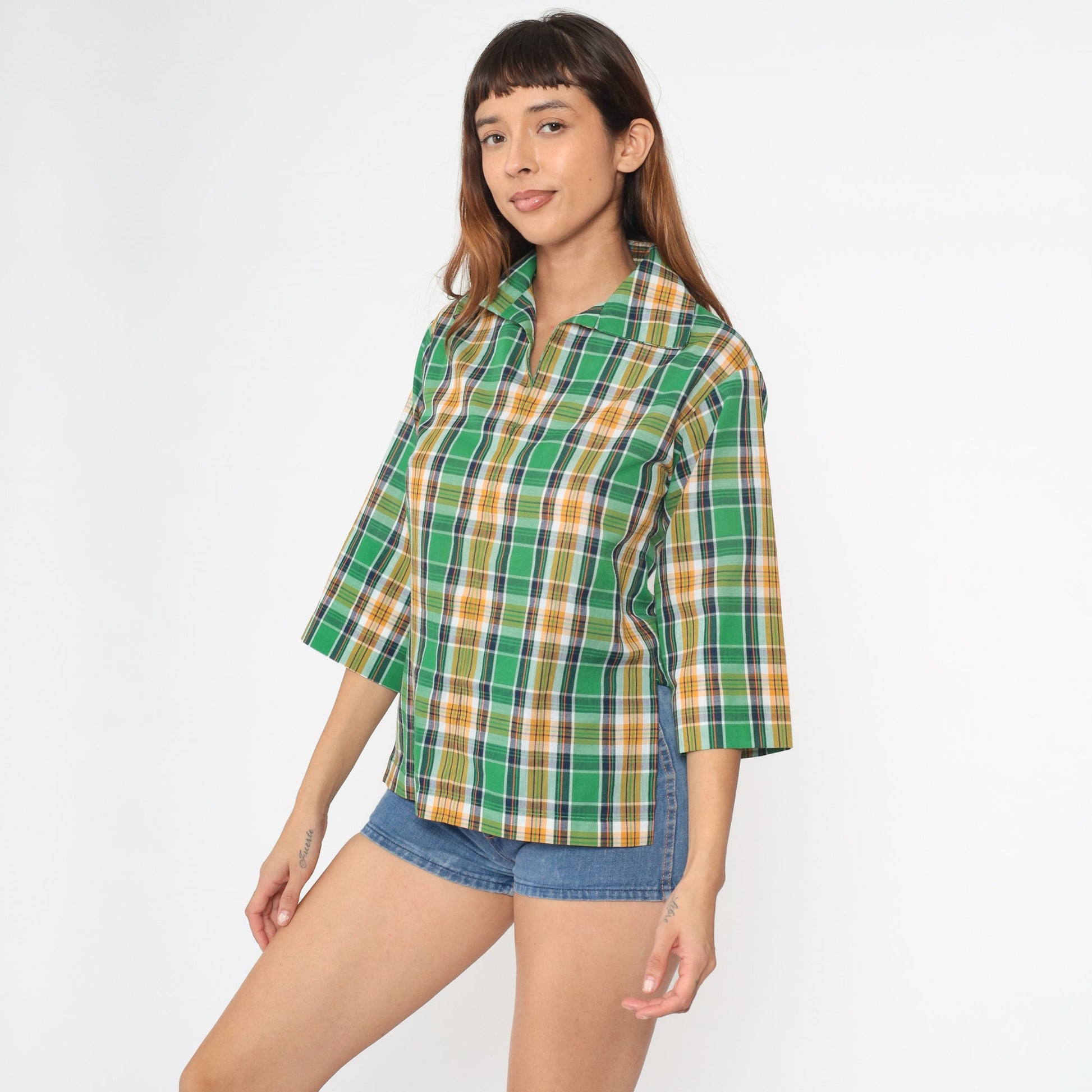 70s Green Plaid Tunic Blouse 3/4 Sleeve Collared Shirt Small