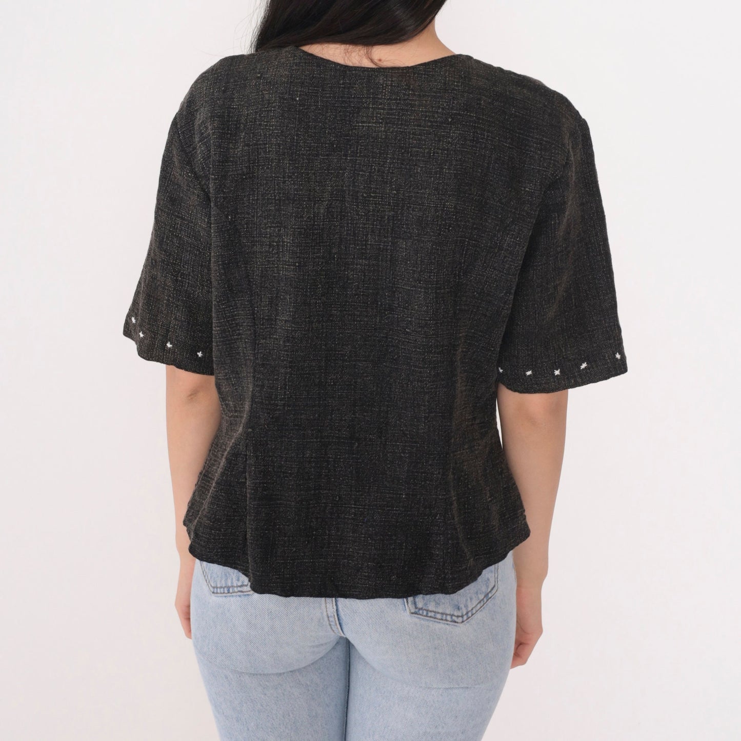 90s Floral Embroidered Dark Grey Button-Up Blouse Short Sleeve Small