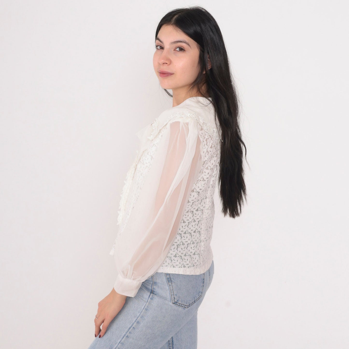 90s White Lace Blouse Puff Sleeve Bow Button-Up Collared Top Small S