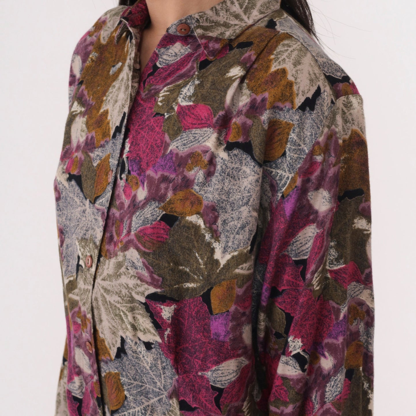 90s Dudwell Leaf Print Button-Up Blouse Long Sleeve Multicolor Large L