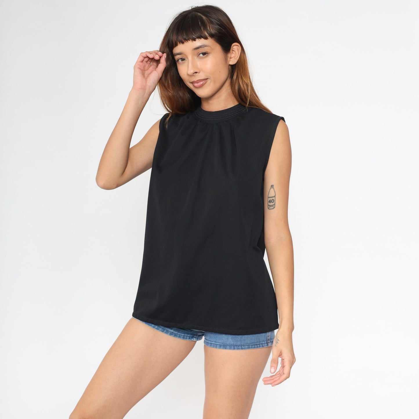 70s Black Draped Tank Top Sleeveless Blouse Topstitched Neckline Large L