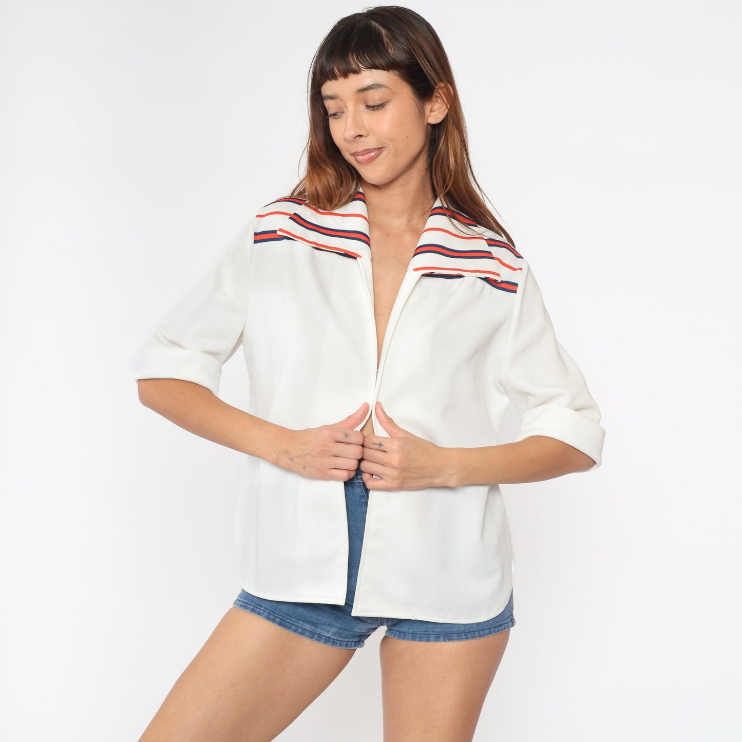 70s Open Front Jacket Off-White Navy Orange Striped Short Sleeve Medium