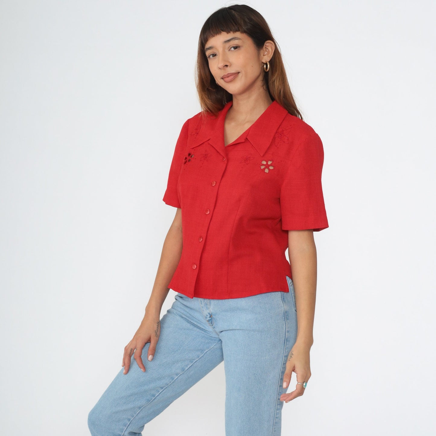 90s Red Floral Embroidered Cutout Button-Up Blouse Short Sleeve Medium
