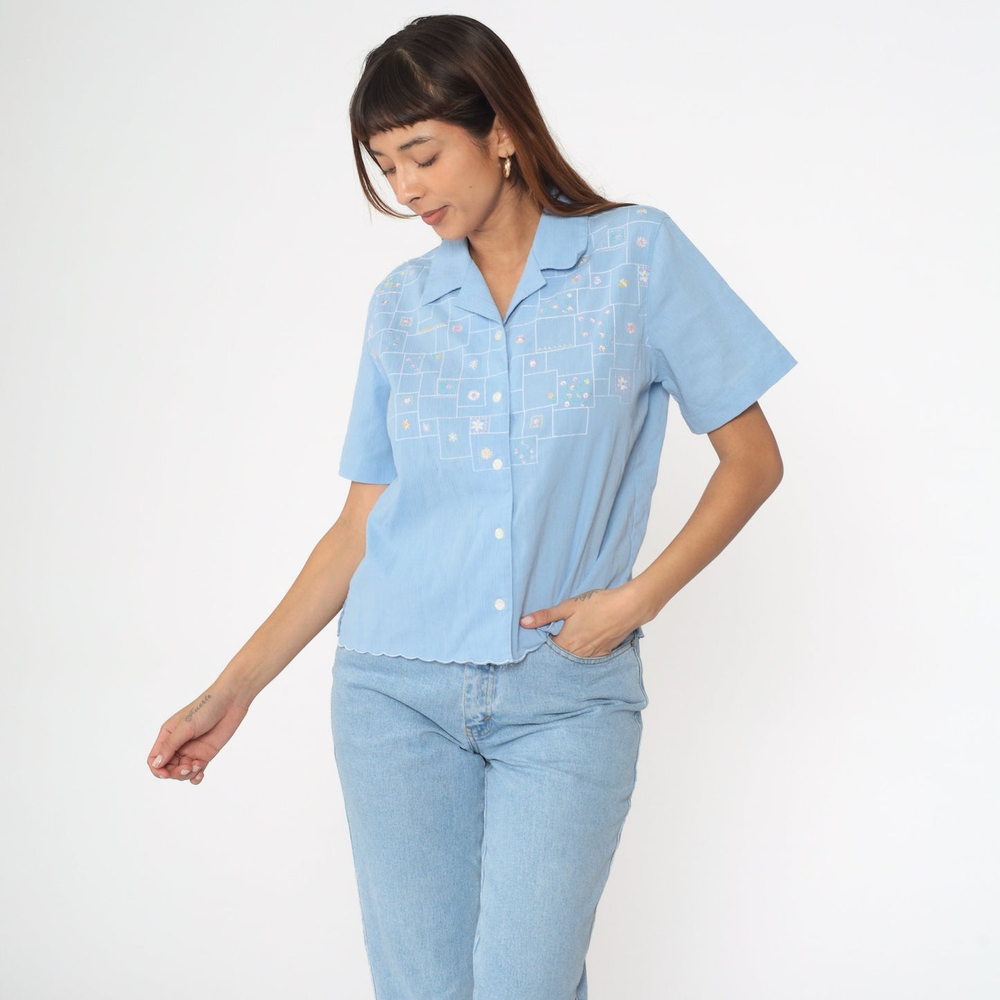 90s Koret Floral Embroidered Button-Up Blouse Baby Blue Cotton Small
