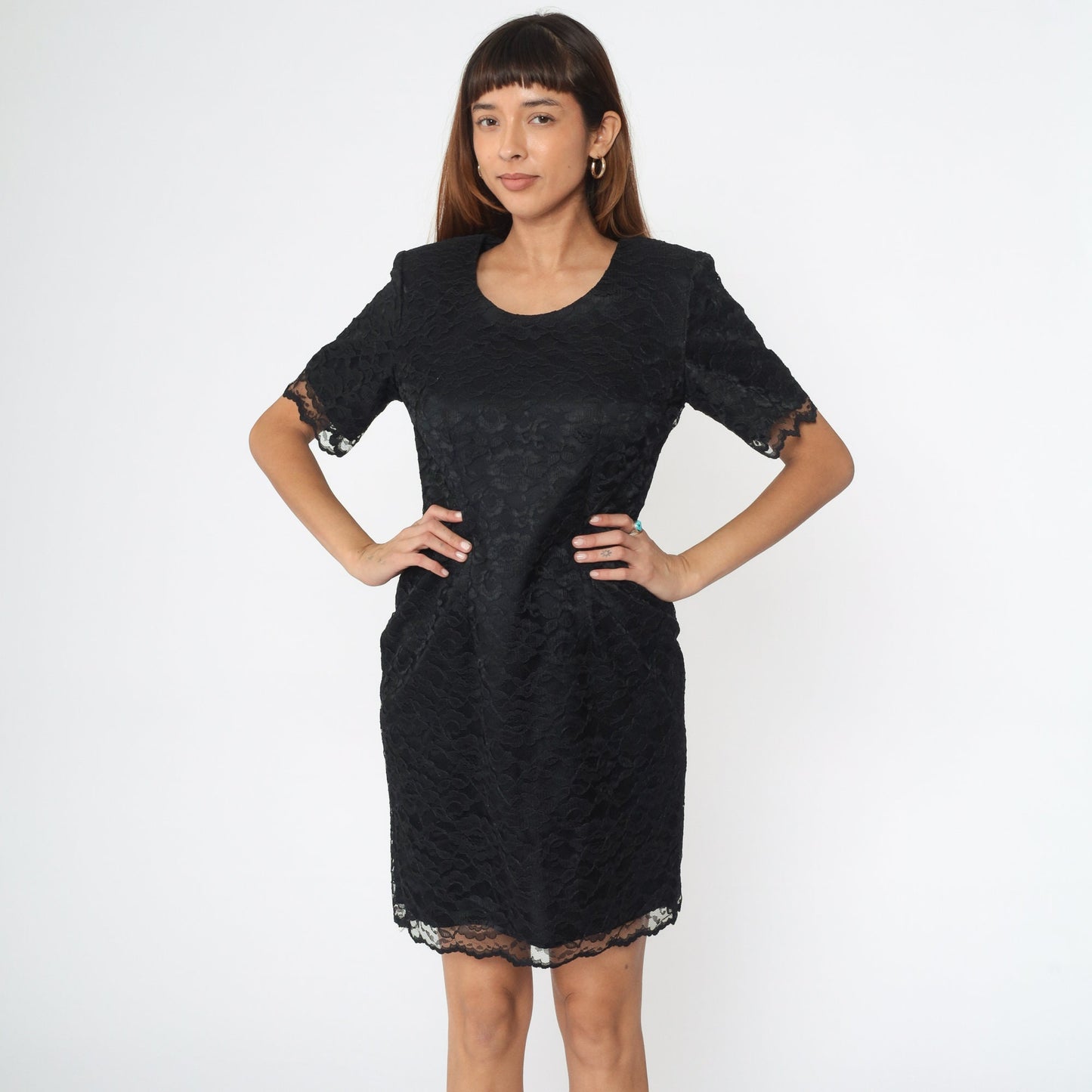 90s My Michelle Black Lace Mini Dress Scalloped Sheath Scoop Neck Medium