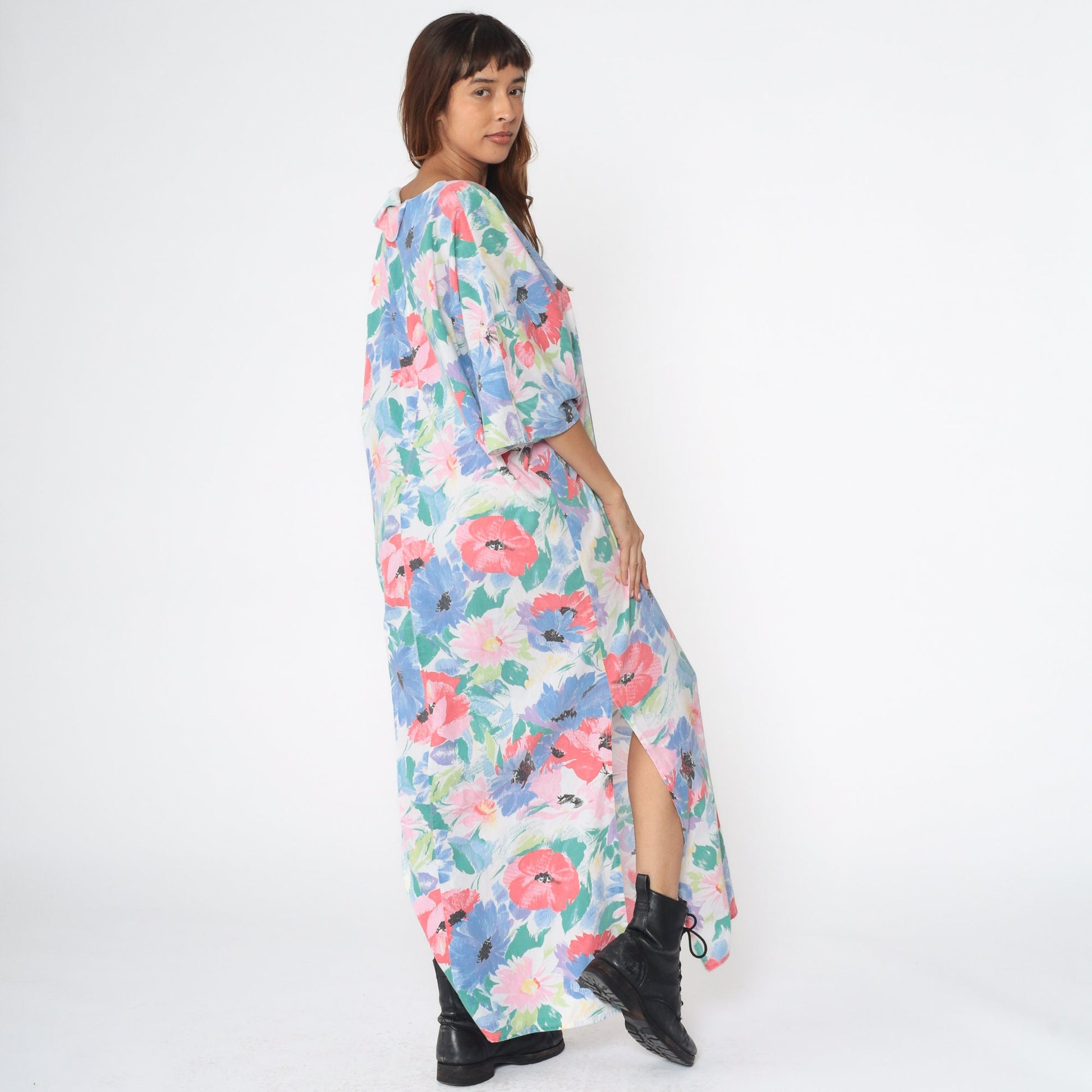 80s Floral Maxi Dress White Watercolor Surplice V-Neck 3/4 Sleeve Medium