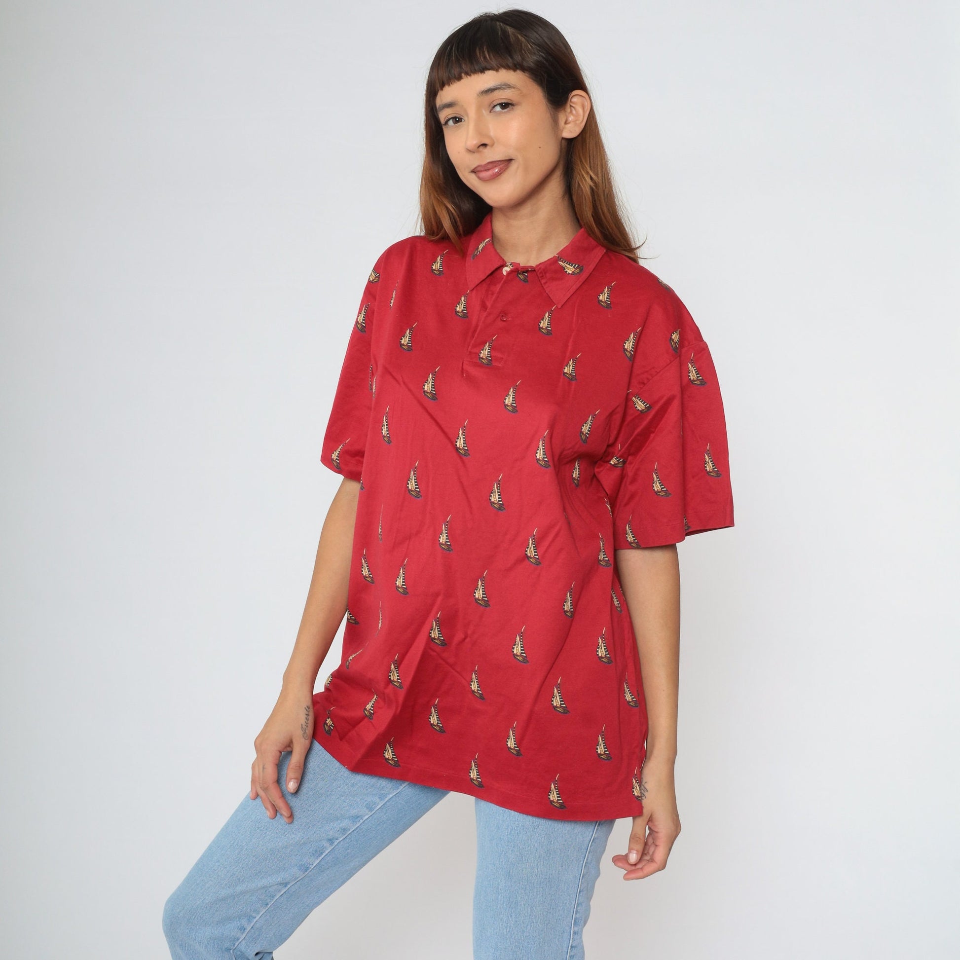 Ralph Lauren Polo 90s Red Sailboat Cotton Button-Up Shirt Large