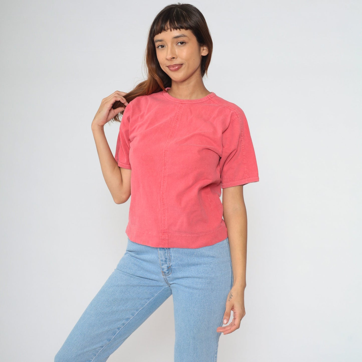 90s Coral Pink Crewneck T-Shirt Plain Tee Small S