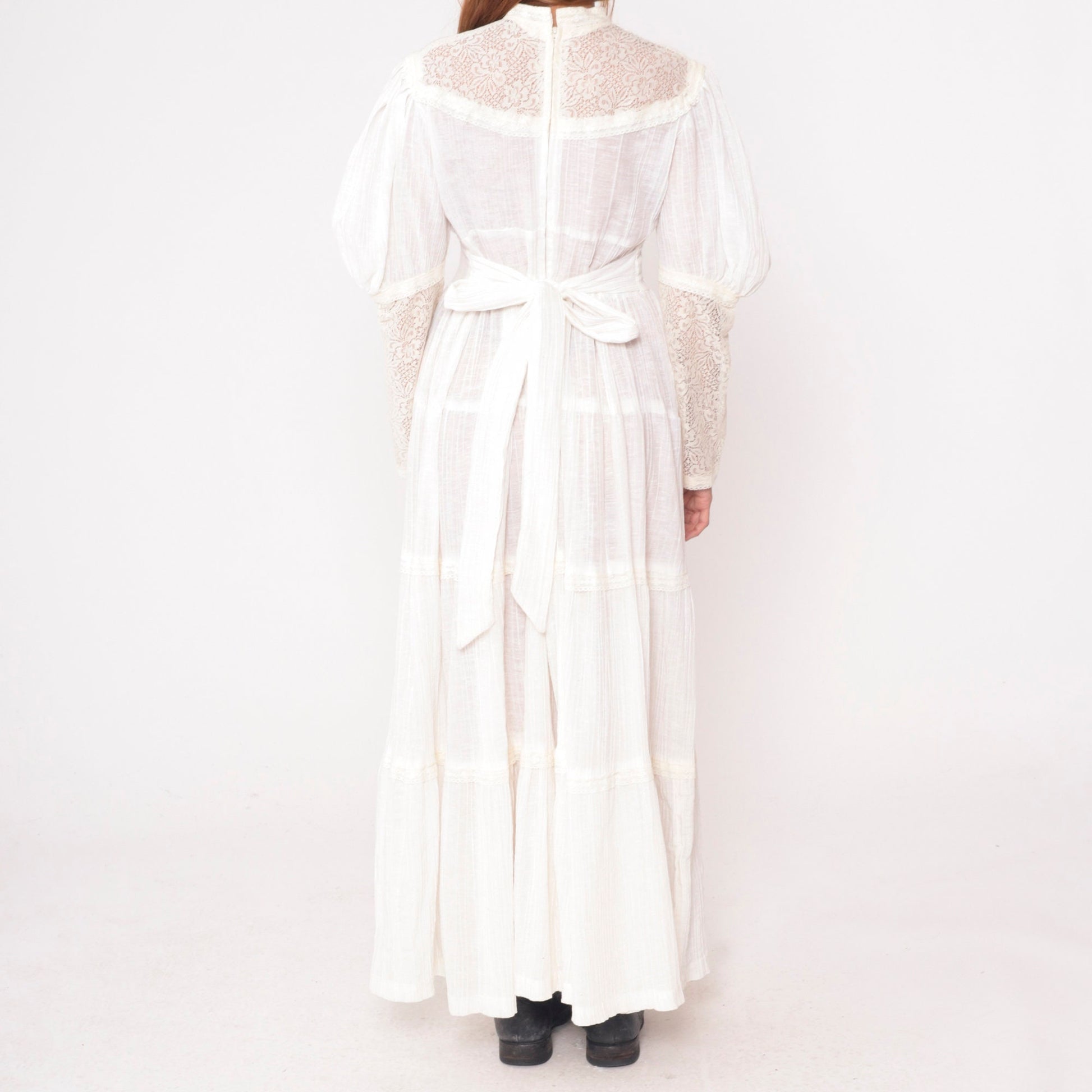 70s Maxi Dress Gauze Lace High Neck Tie Waist Long Sleeve Off-White Medium