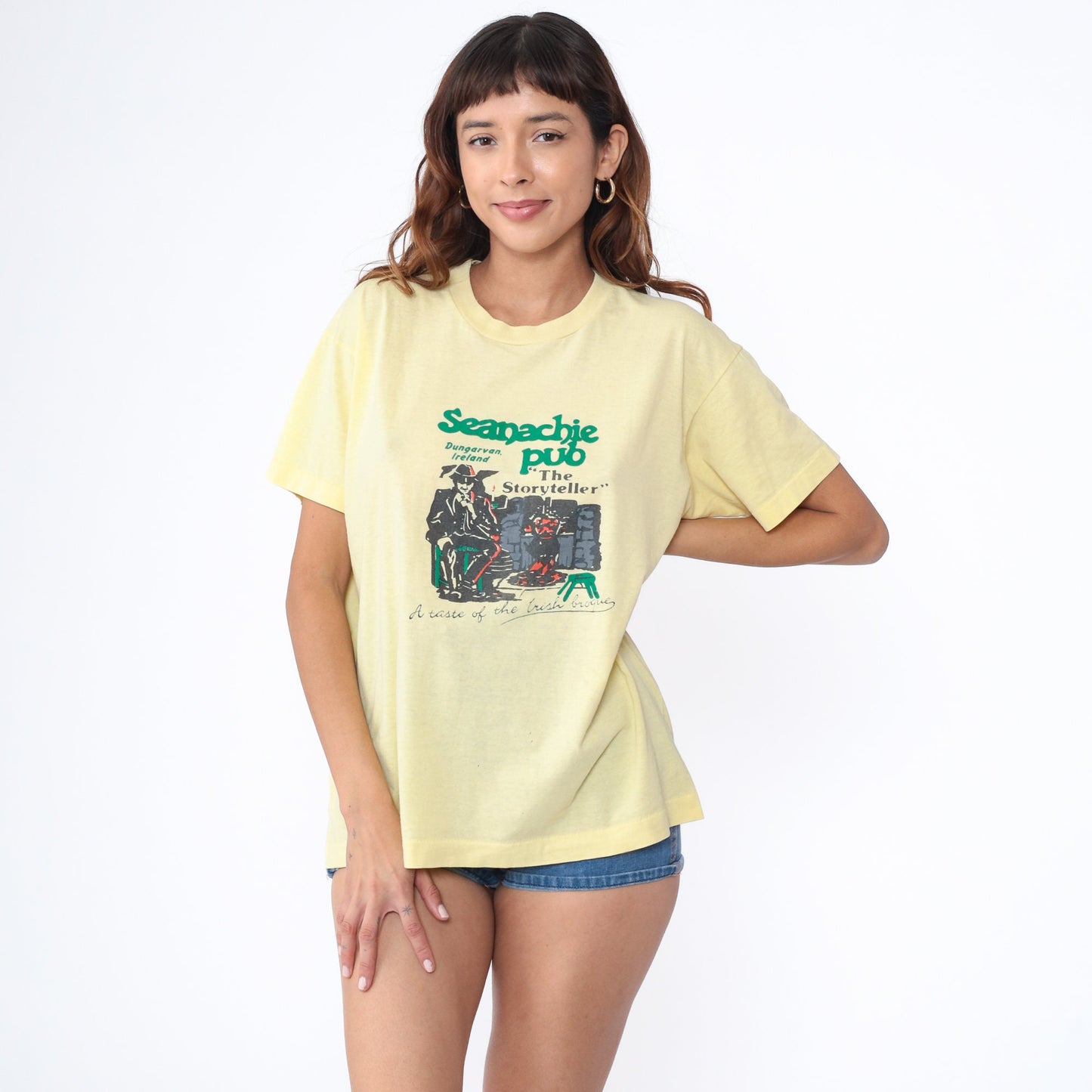 80s Screen Stars Seanachie Pub Dungarvan Ireland Graphic T-Shirt Yellow Large
