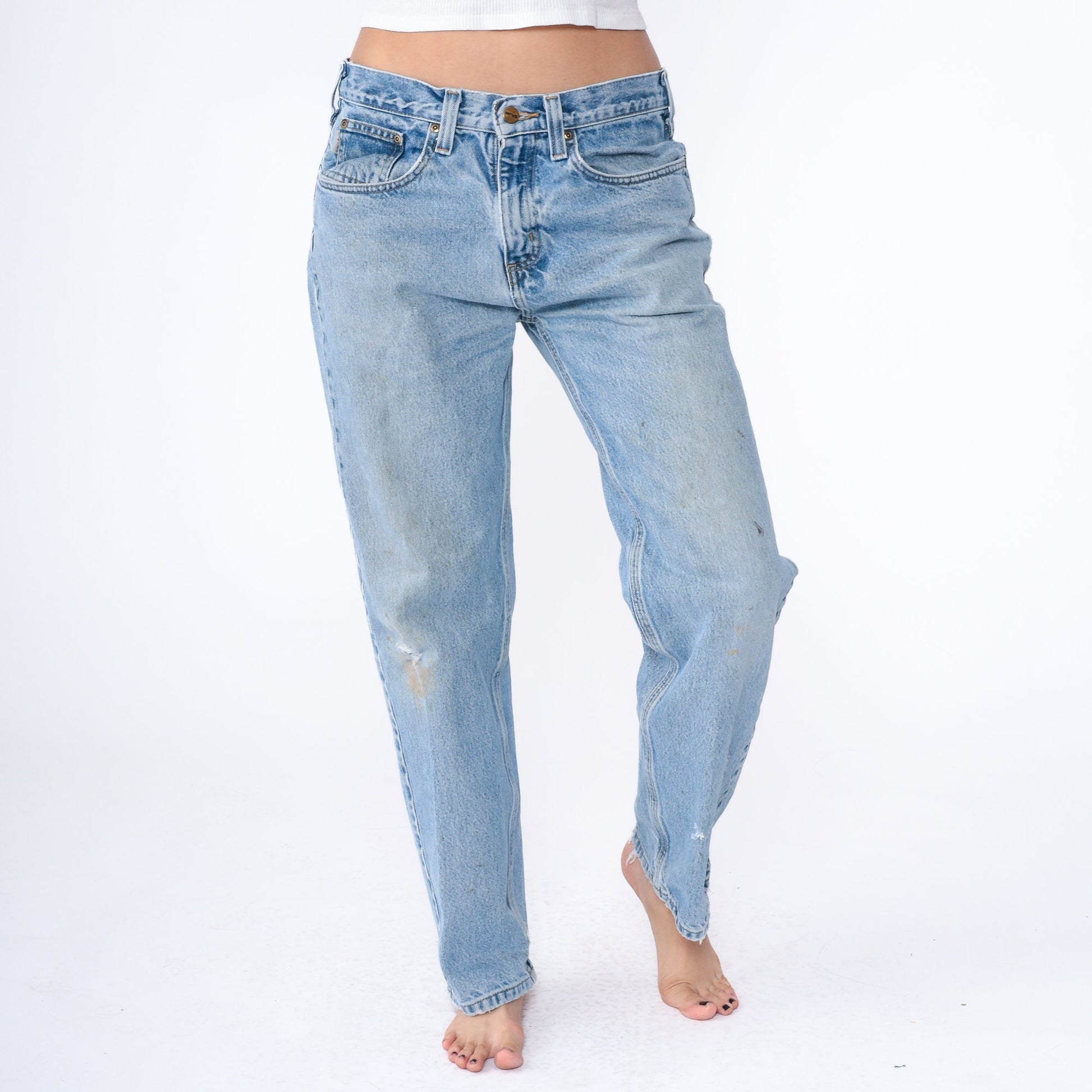 90s Carhartt Denim Jeans Tapered Straight Leg Blue Distressed 34