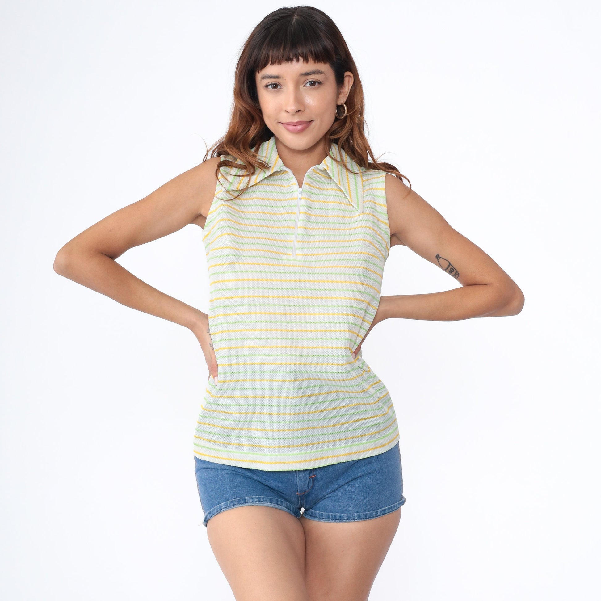 70s Striped Sleeveless Blouse Zip Collar White Yellow Lime Green Small