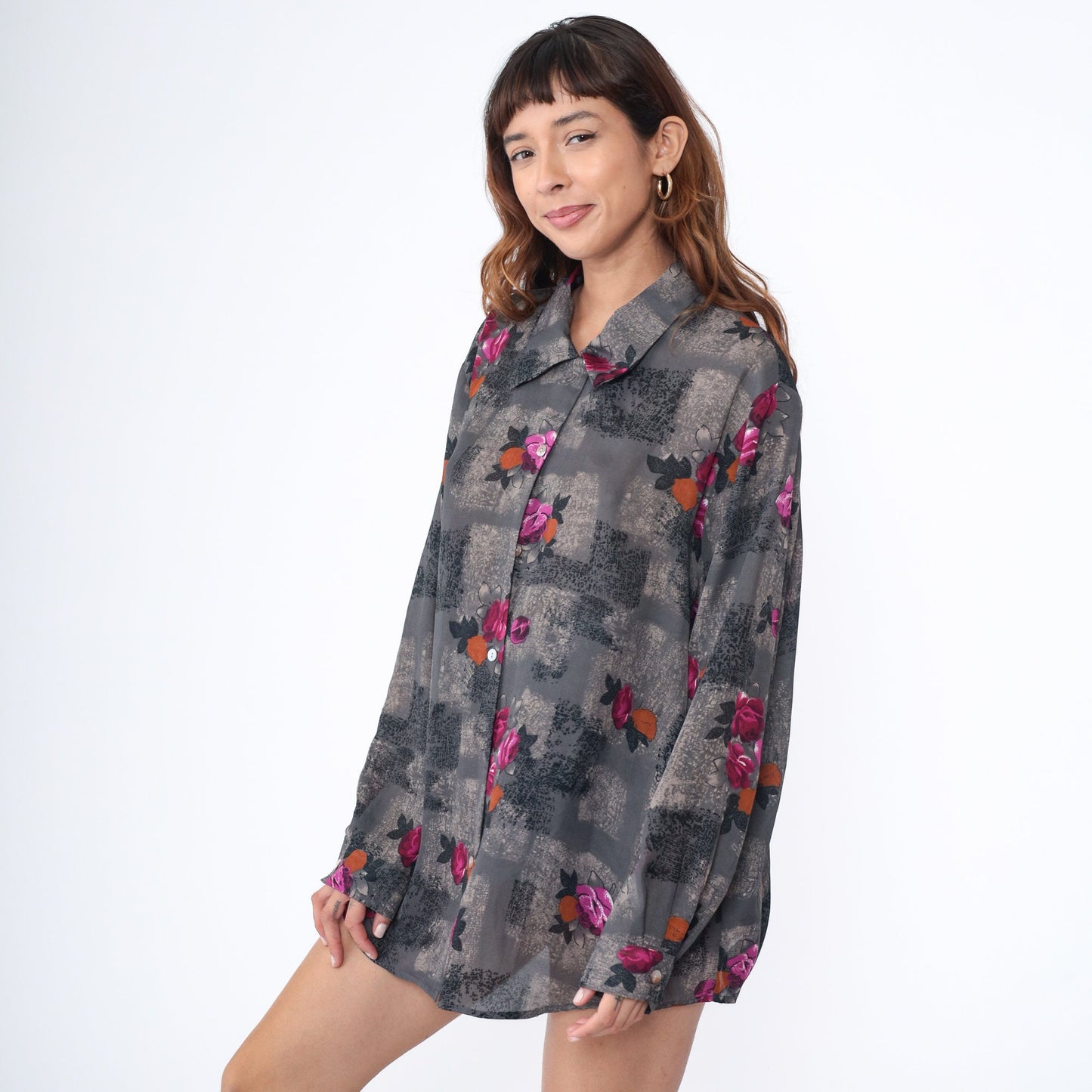 90s Grey Floral Button-Up Shirt Long Sleeve Geometric Print Plus Size XXL