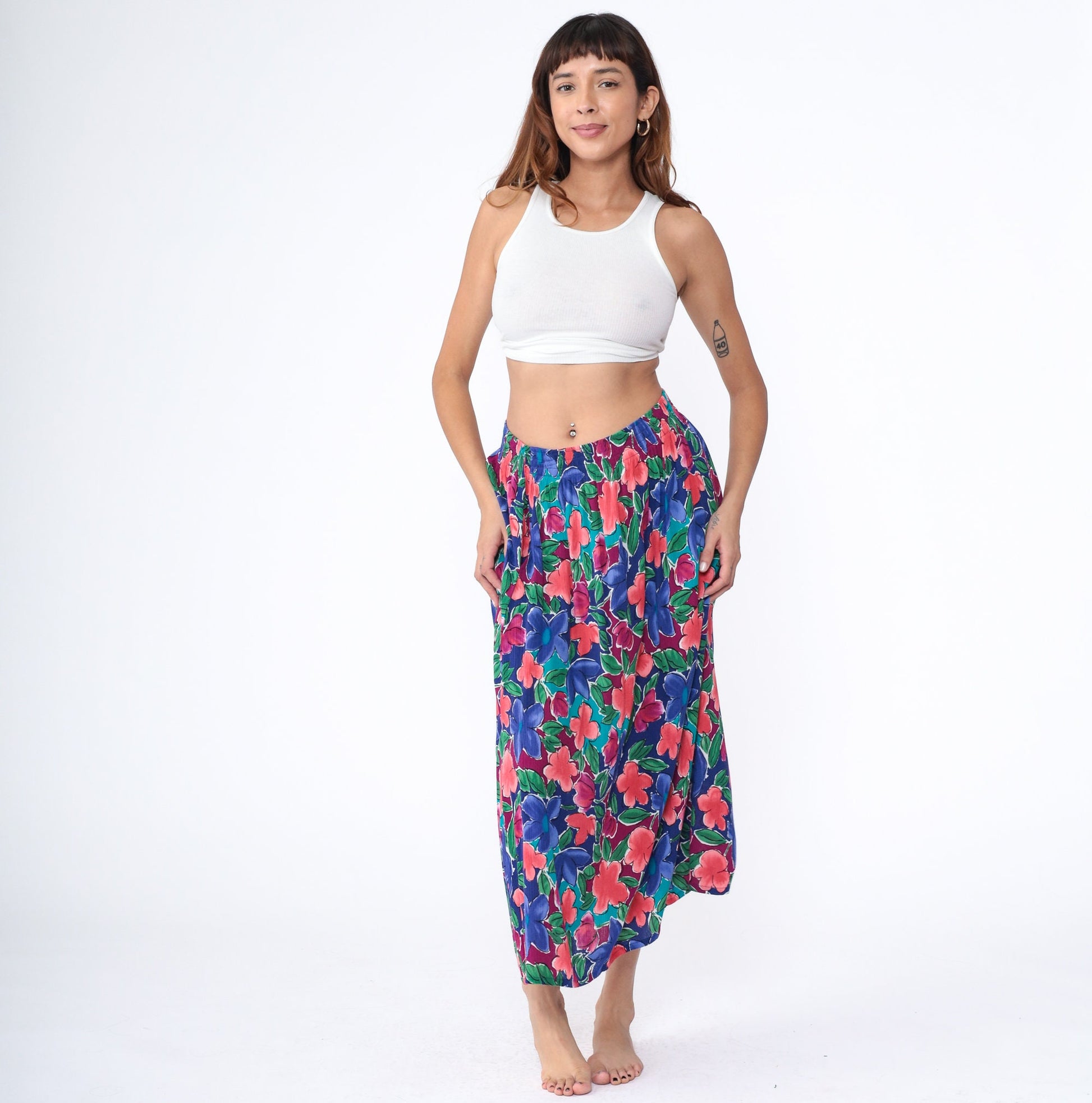 80s The Villager Floral Maxi Skirt Rayon High Waist Ankle Length Blue Medium