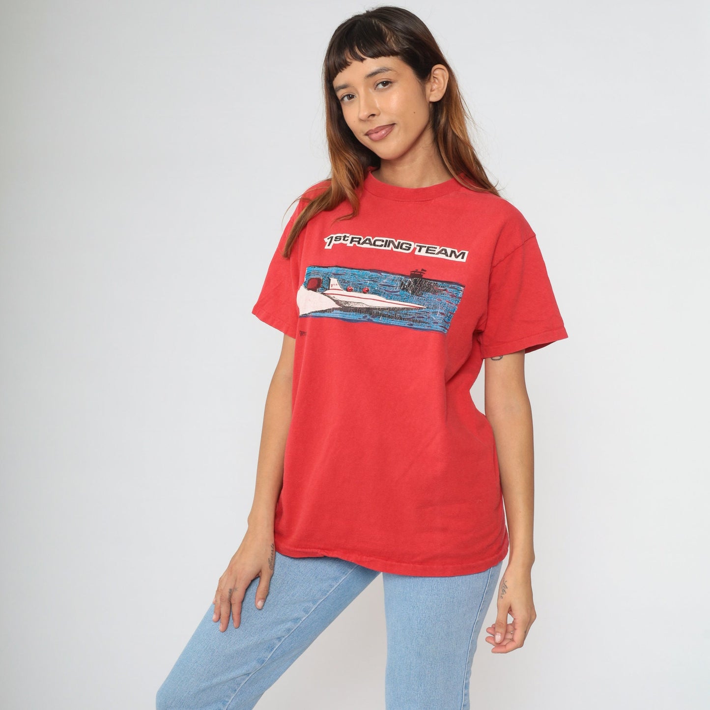 90s 1st Racing Team Speedboat Graphic T-Shirt Red Single Stitch Cotton Medium