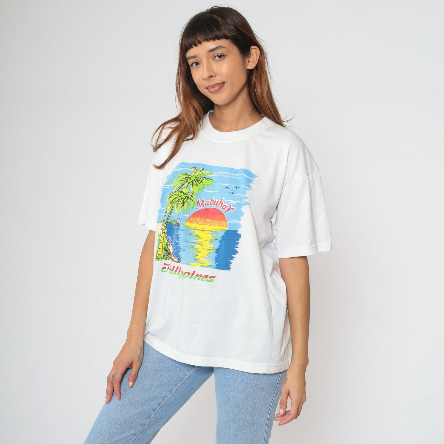 Y2K Philippines Mabuhay Graphic T-Shirt Tropical Beach Palm Tree Sailboat Large