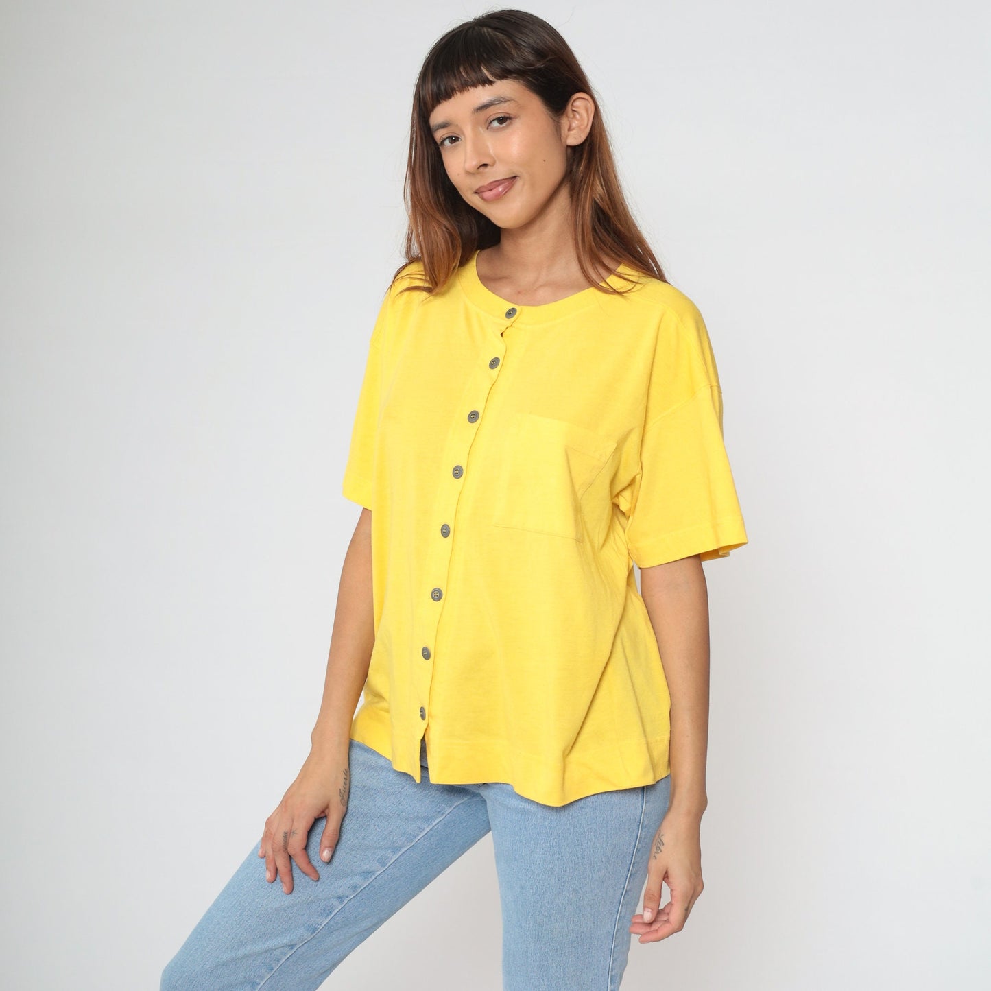 90s Yellow Cotton Button-Up Shirt Pocket Tee Medium