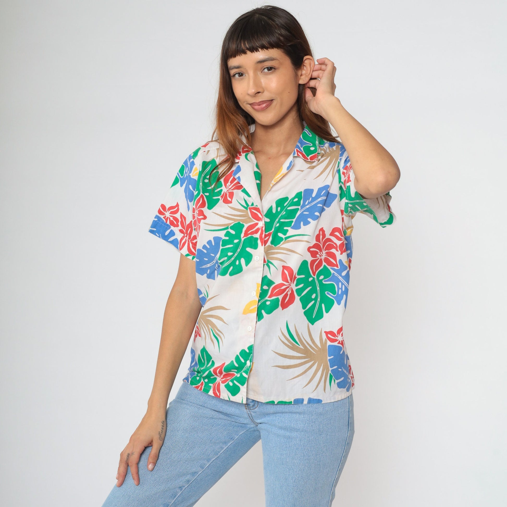 80s Tropical Floral Cotton Button-Up Blouse White Leaf Print Short Sleeve Medium