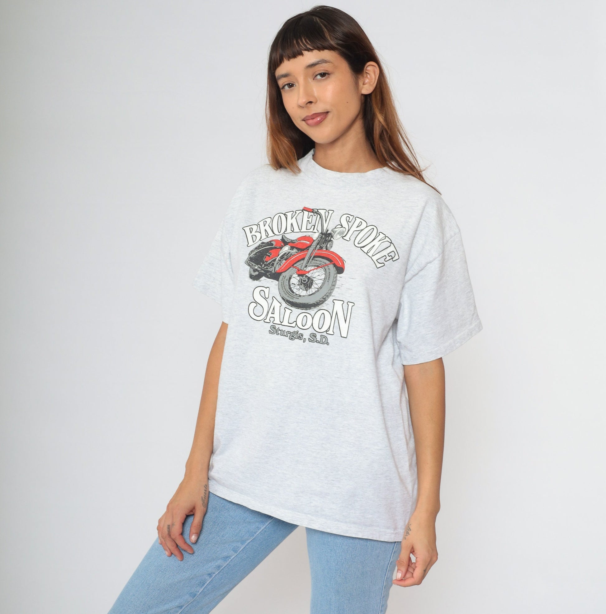 90s Sturgis Motorcycle Rally Broken Spoke Saloon Graphic Tee Grey Cotton Large