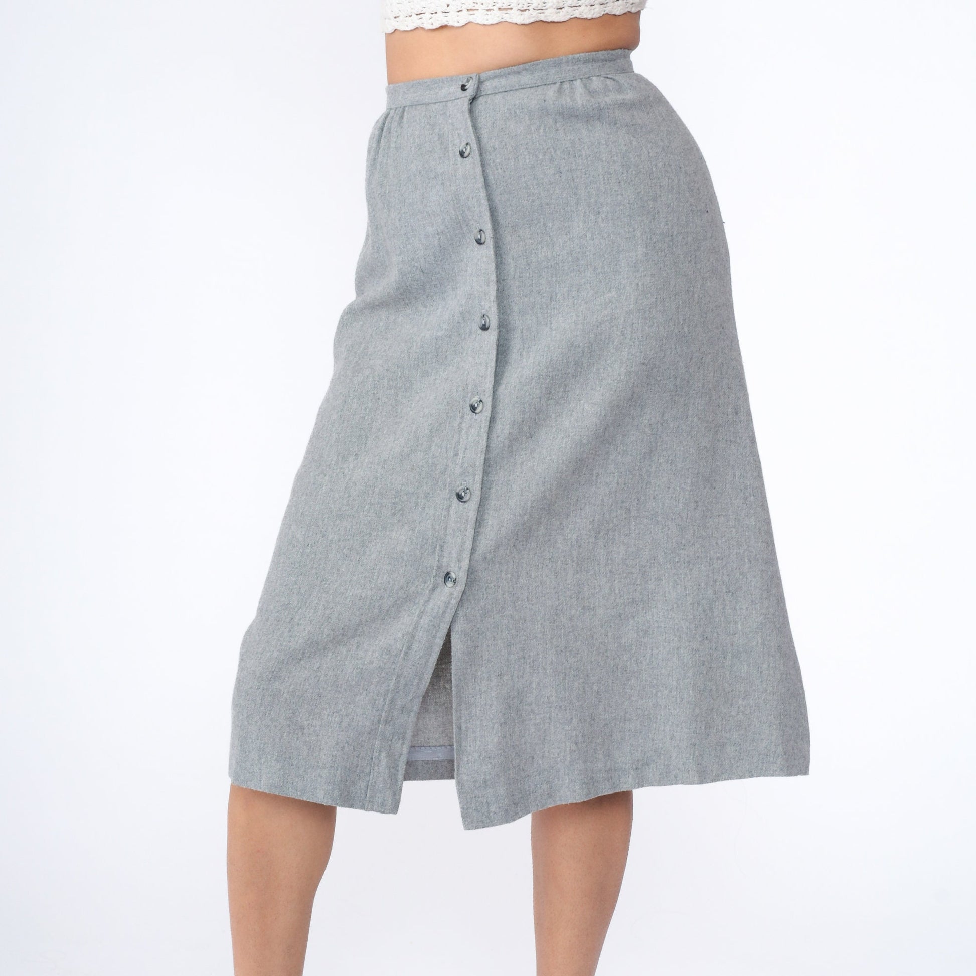 70s Bobbie Brooks Grey Midi Skirt Button Front High Waist Extra Small