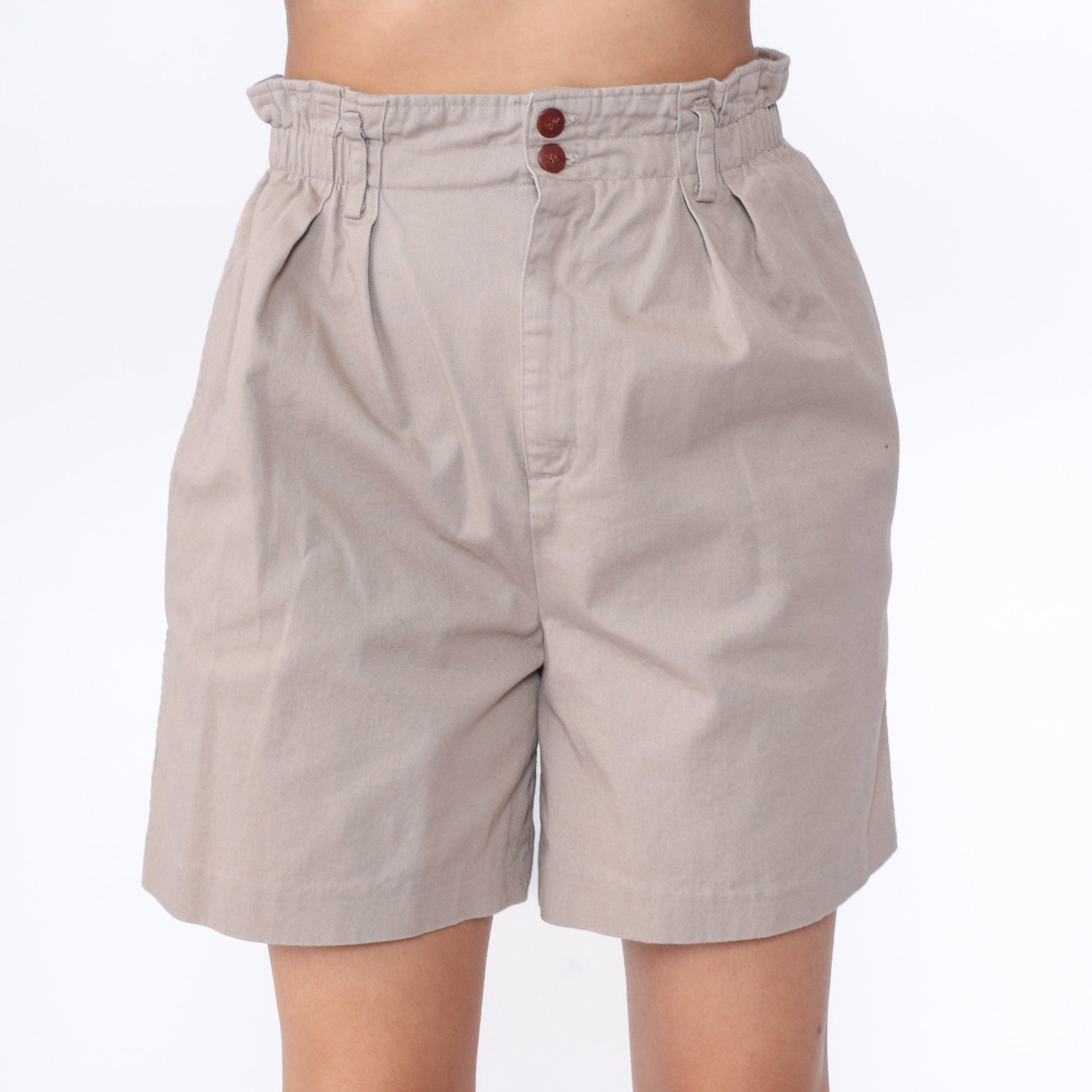90s Khaki Pleated Paper Bag Shorts High Waisted Cotton Small