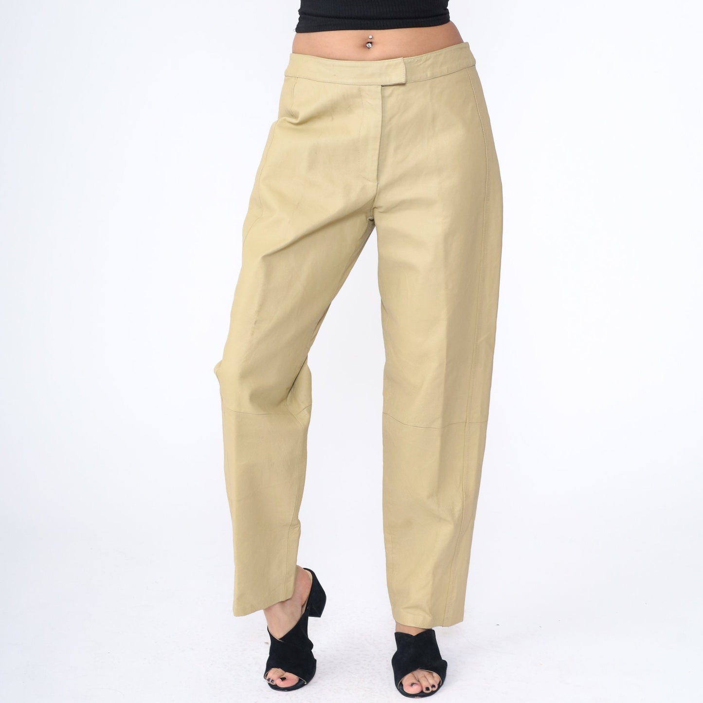 80s Bagatelle Leather Pants High Waist Straight Leg Beige Large