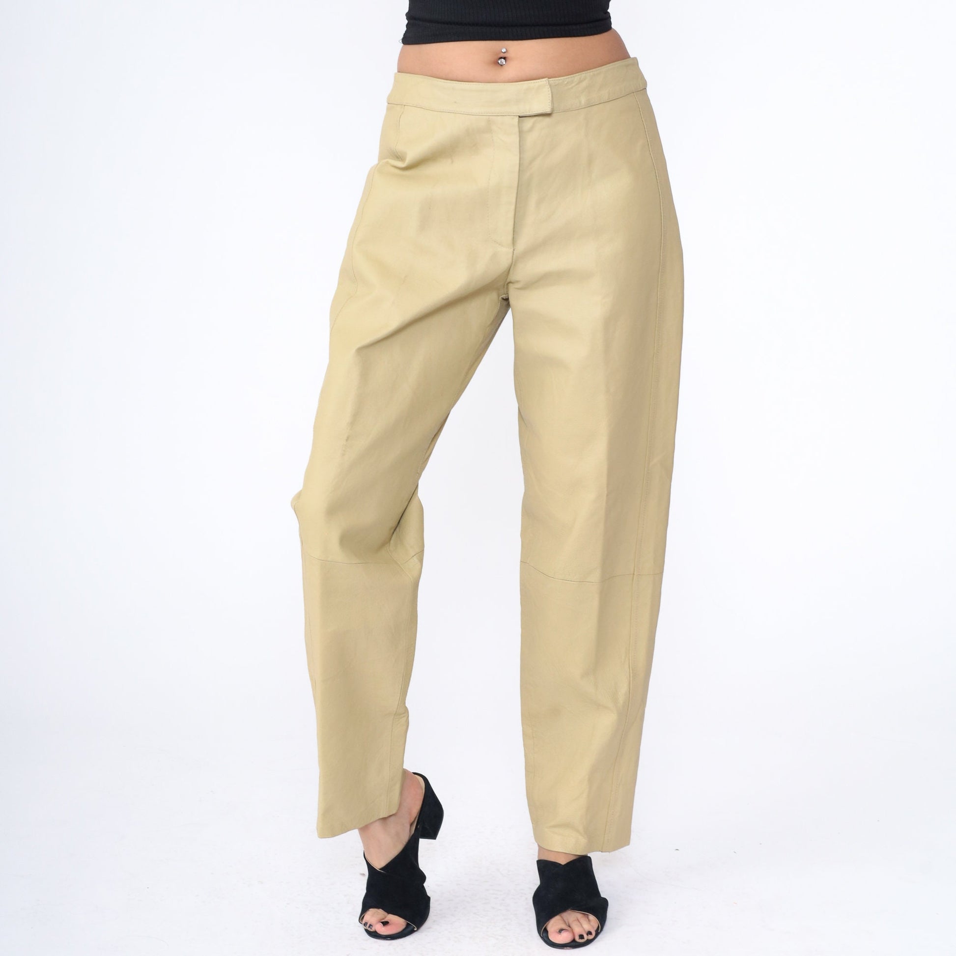 80s Bagatelle Leather Pants High Waist Straight Leg Beige Large