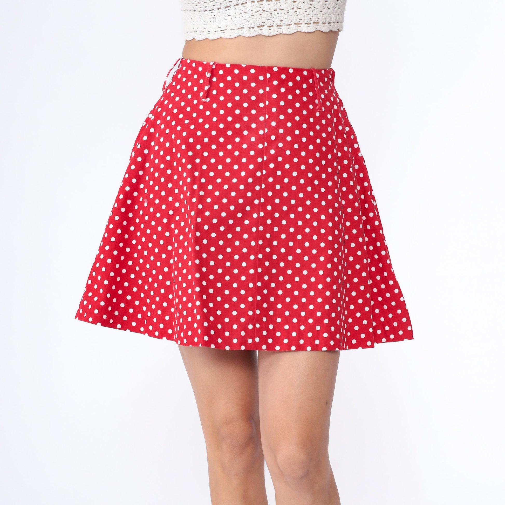 60s Junior House Polka Dot Mini Skirt Red A-Line High Waisted Extra Small