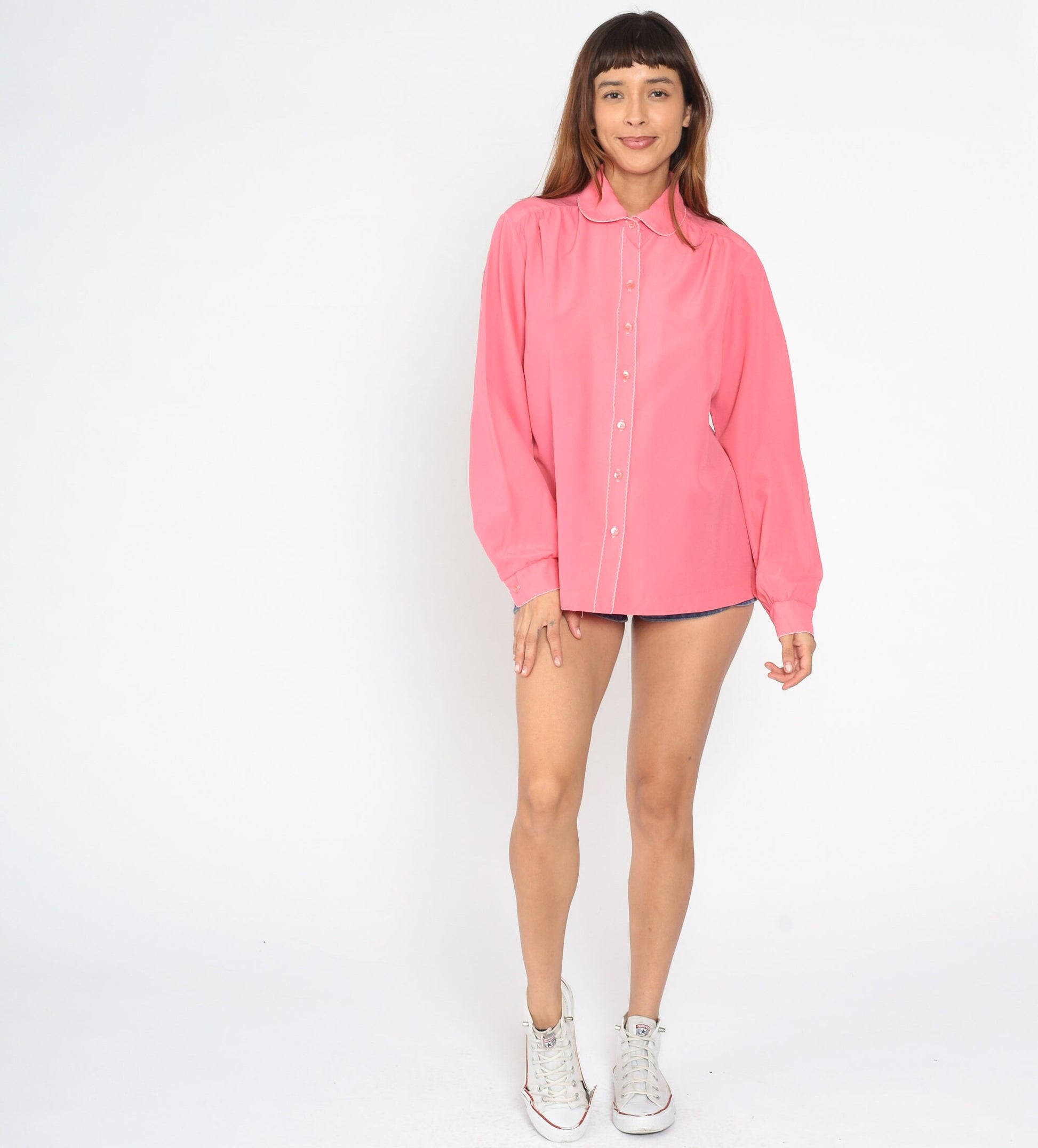 70s Pink Peter Pan Collar Blouse Long Sleeve Button Up Large L