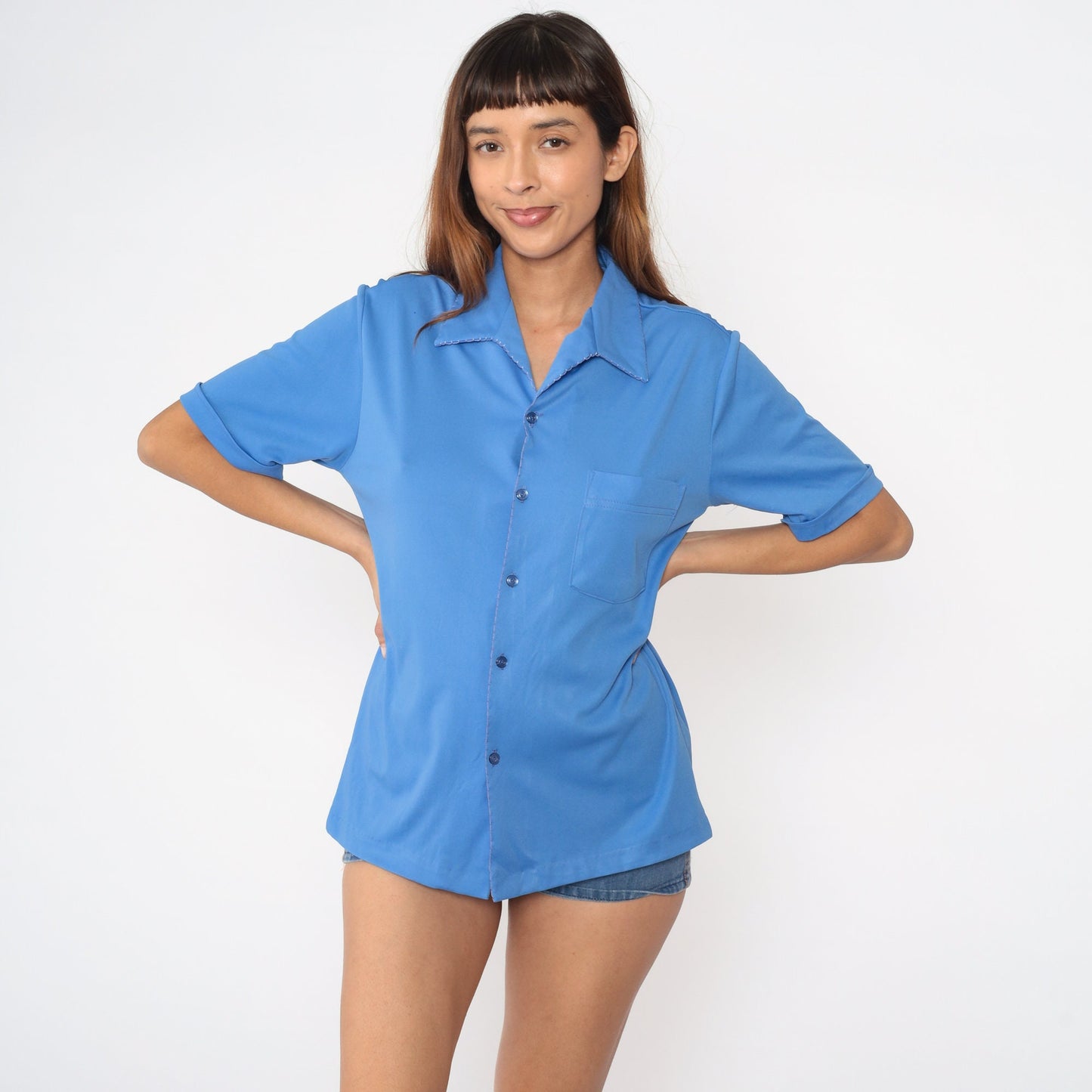 70s Blue Button-Up Shirt Pointed Collar Chest Pocket Short Sleeve Medium Large