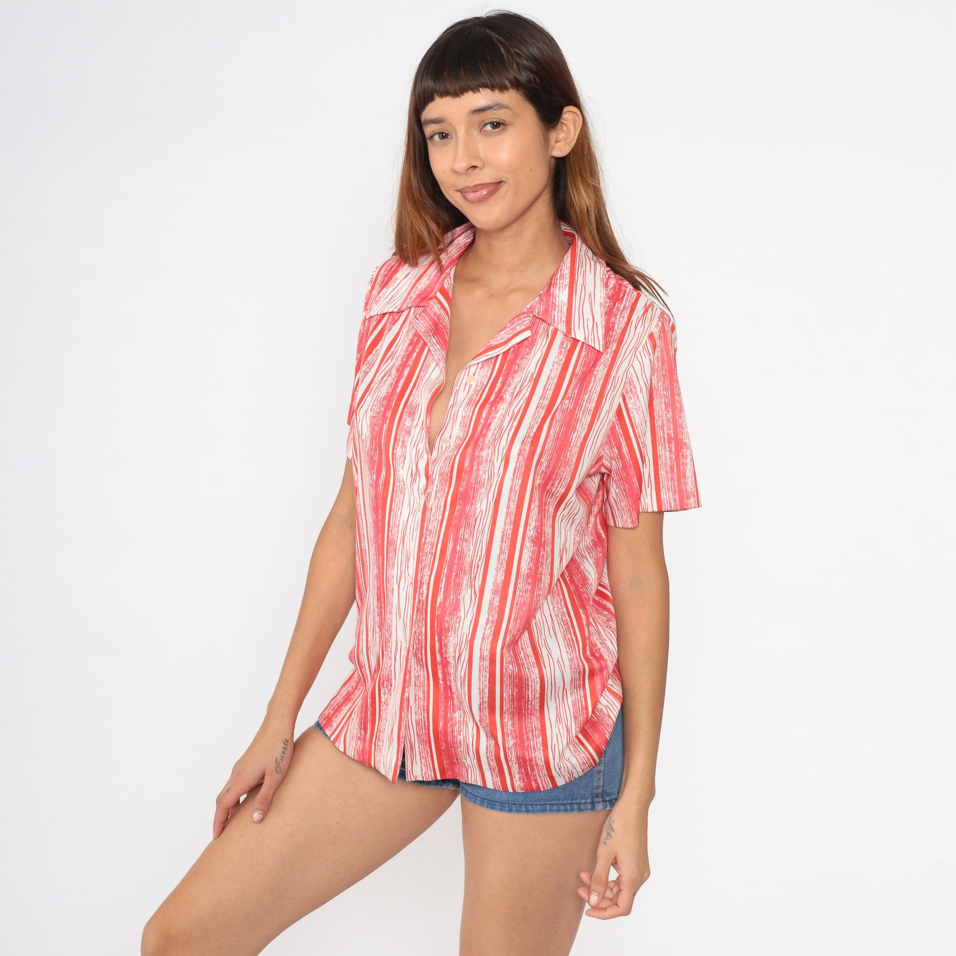70s Graff Striped Button-Up Blouse Coral Red Orange White Short Sleeve Large