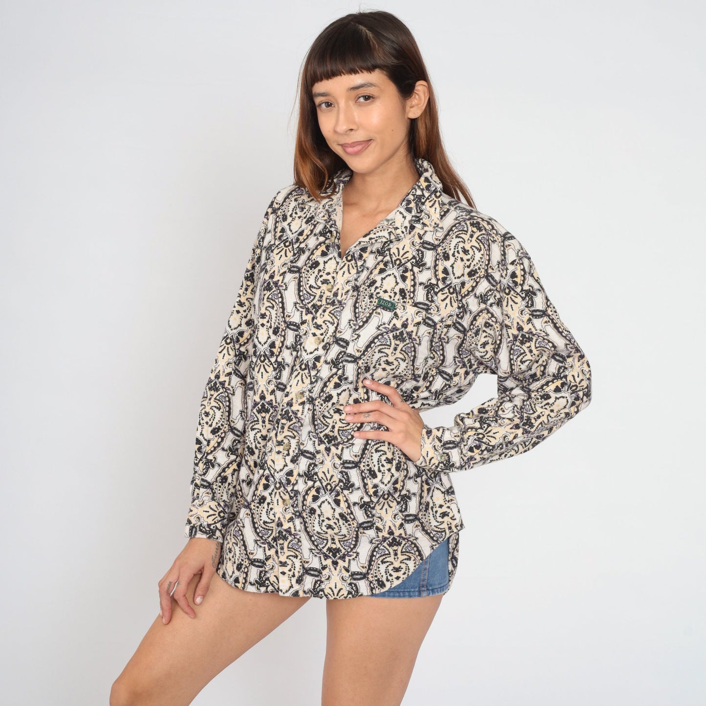 Izod 90s Paisley Button-Up Shirt Cotton Fleece Psychedelic Print Medium