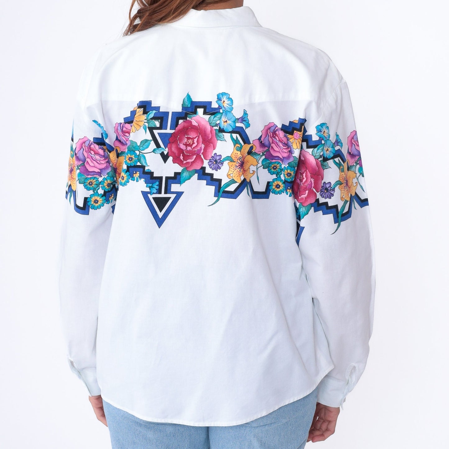 90s Roper Floral Western Shirt White Cotton Button Up Large