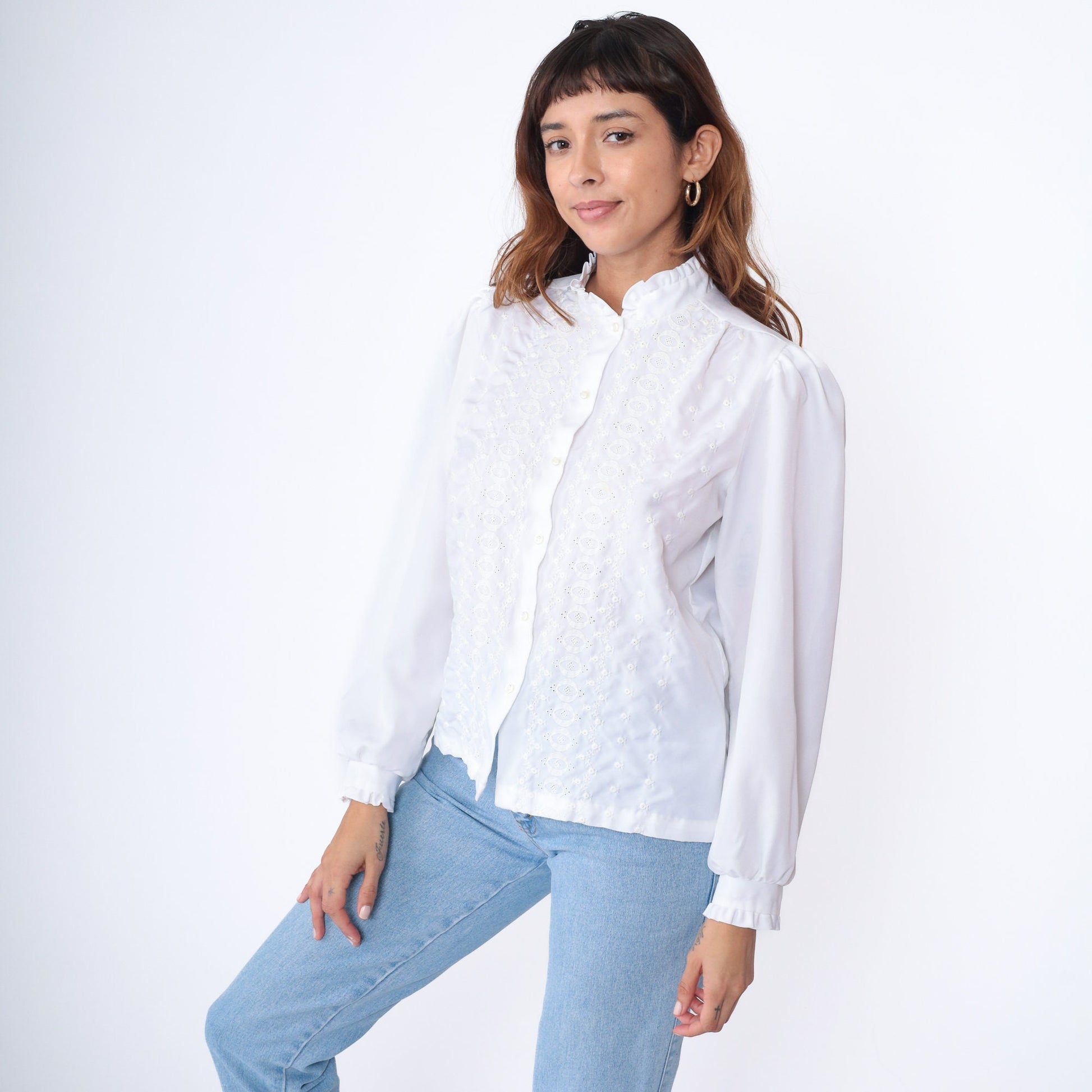 80s White Eyelet Blouse Embroidered Puff Sleeve Button Up Medium