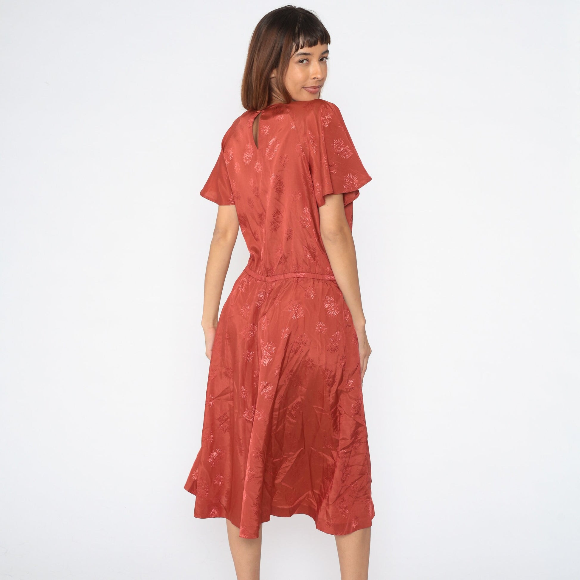 70s Rust Floral Embroidered Midi Dress Elastic Waist Raglan Medium
