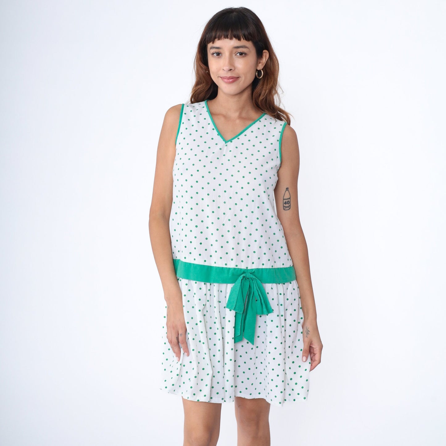 80s White Green Polka Dot Drop Waist Mini Dress V Neck Bow Small