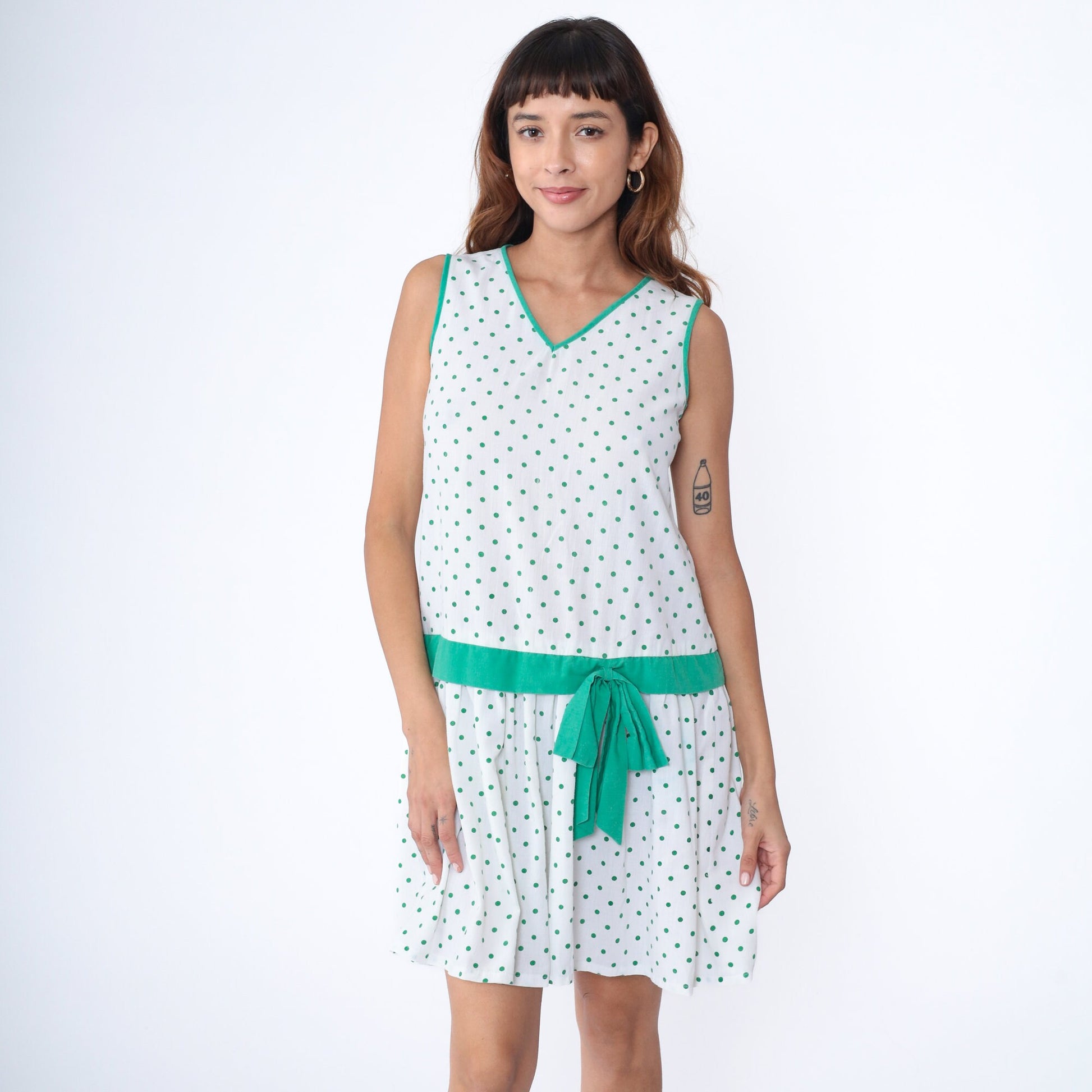 80s White Green Polka Dot Drop Waist Mini Dress V Neck Bow Small