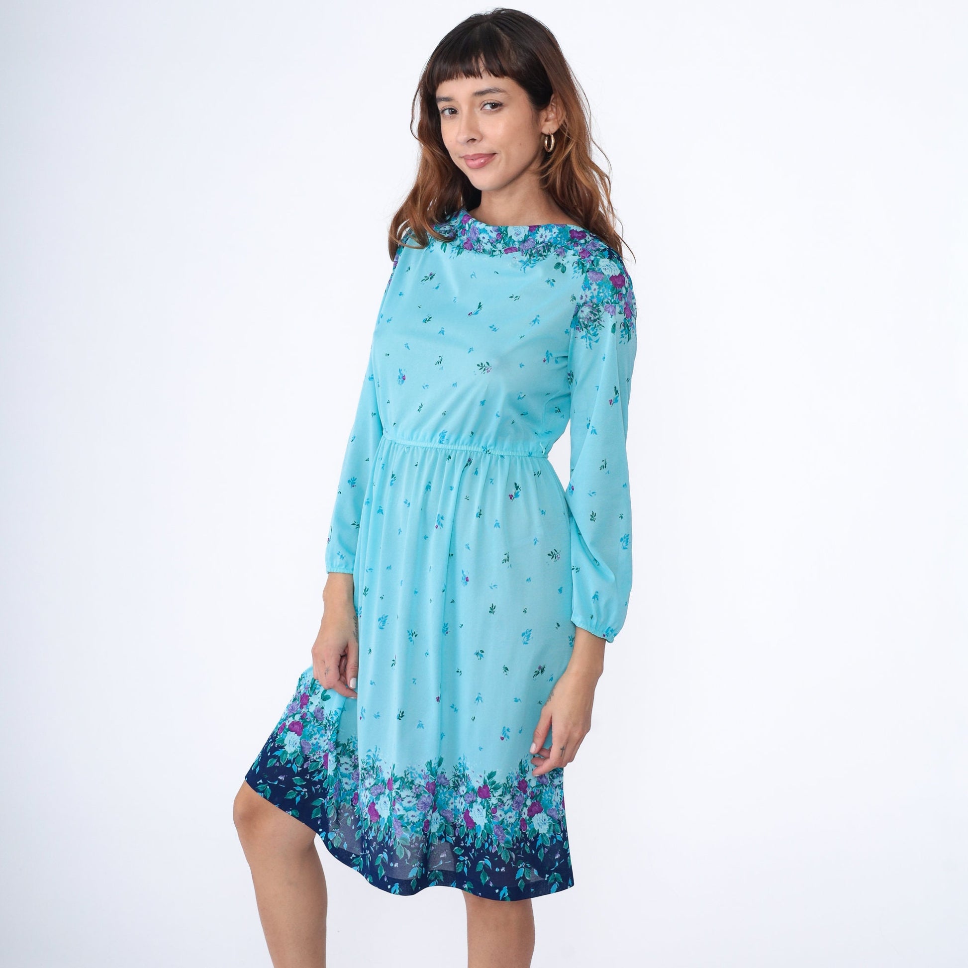 70s Blue Floral Midi Dress Cowl Neck High Waist Long Sleeve Small