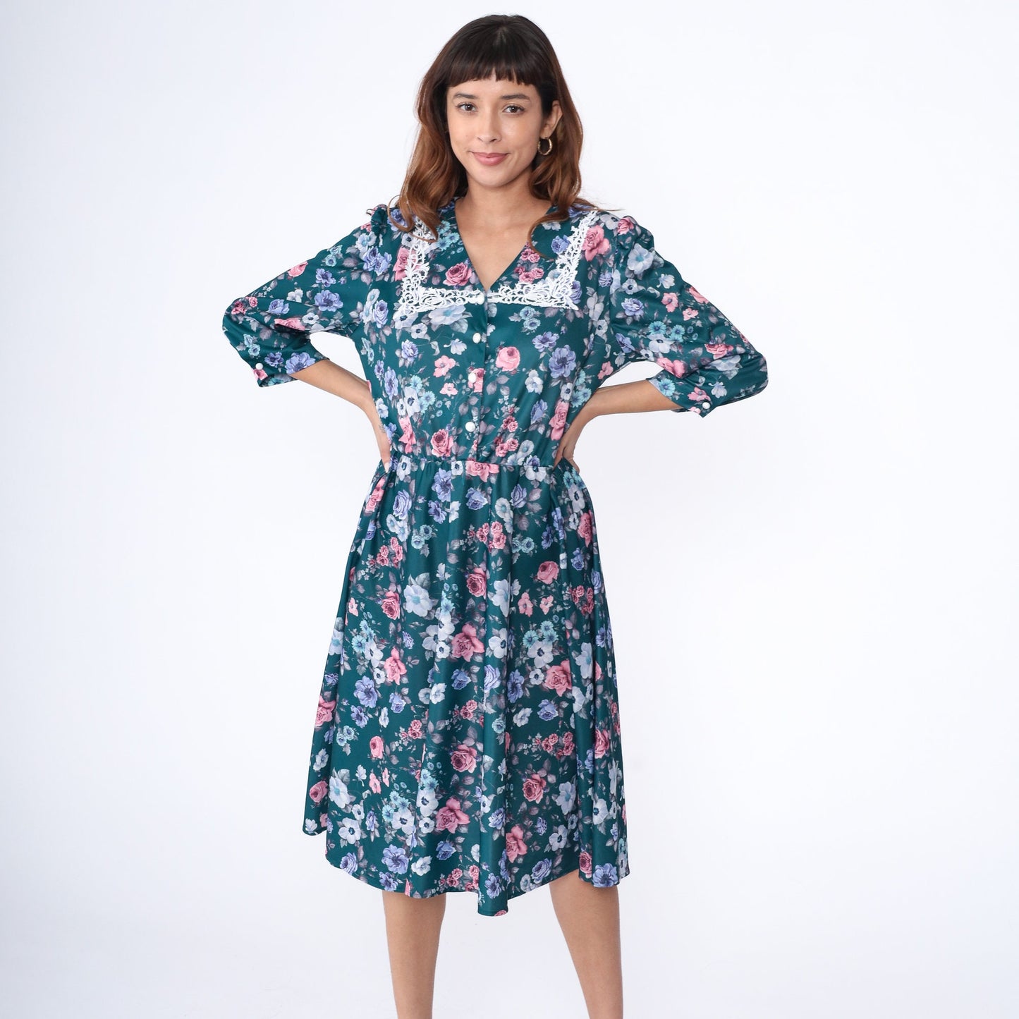 80s Floral Midi Dress Lace Collar Puff Sleeve Green Rose Print High Waist Large