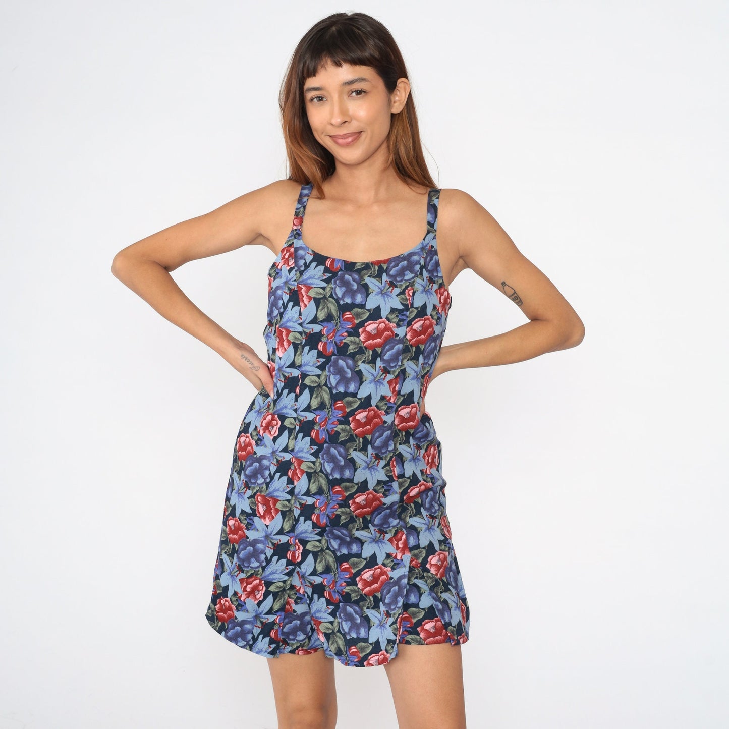 90s Impressions Tropical Floral Romper Blue Spaghetti Strap Playsuit Medium