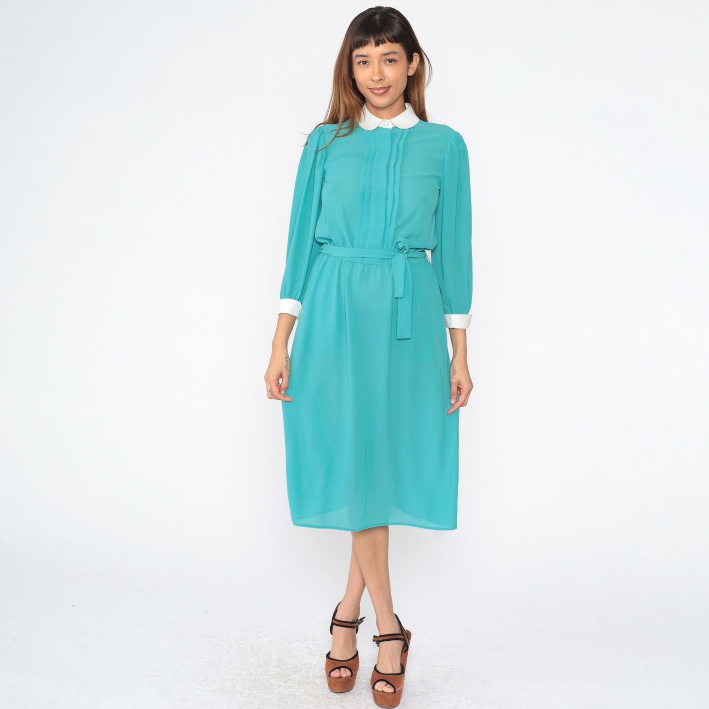 80s Turquoise Midi Dress Peter Pan Collar Puff Sleeve High Waist Small