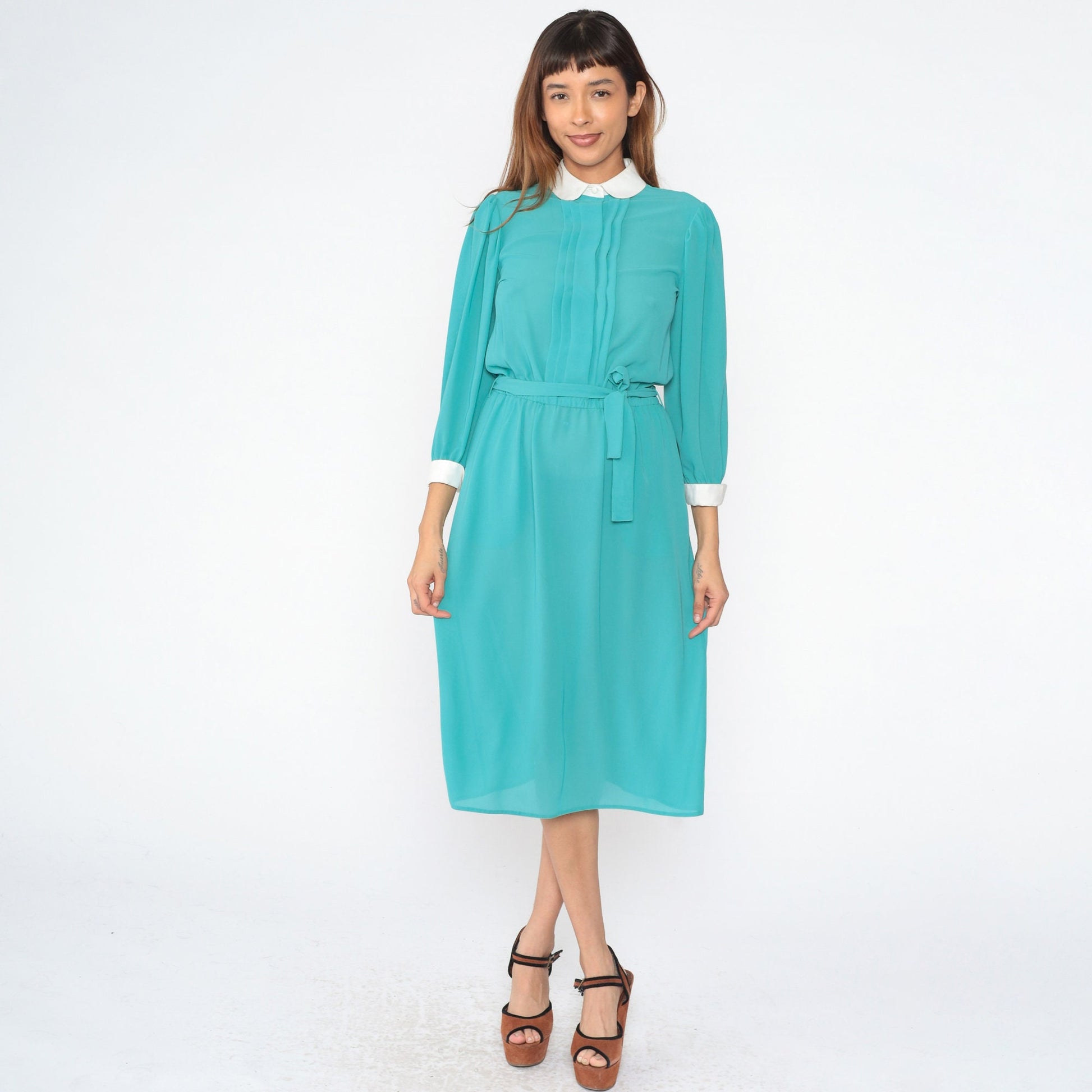 80s Turquoise Midi Dress Peter Pan Collar Puff Sleeve High Waist Small