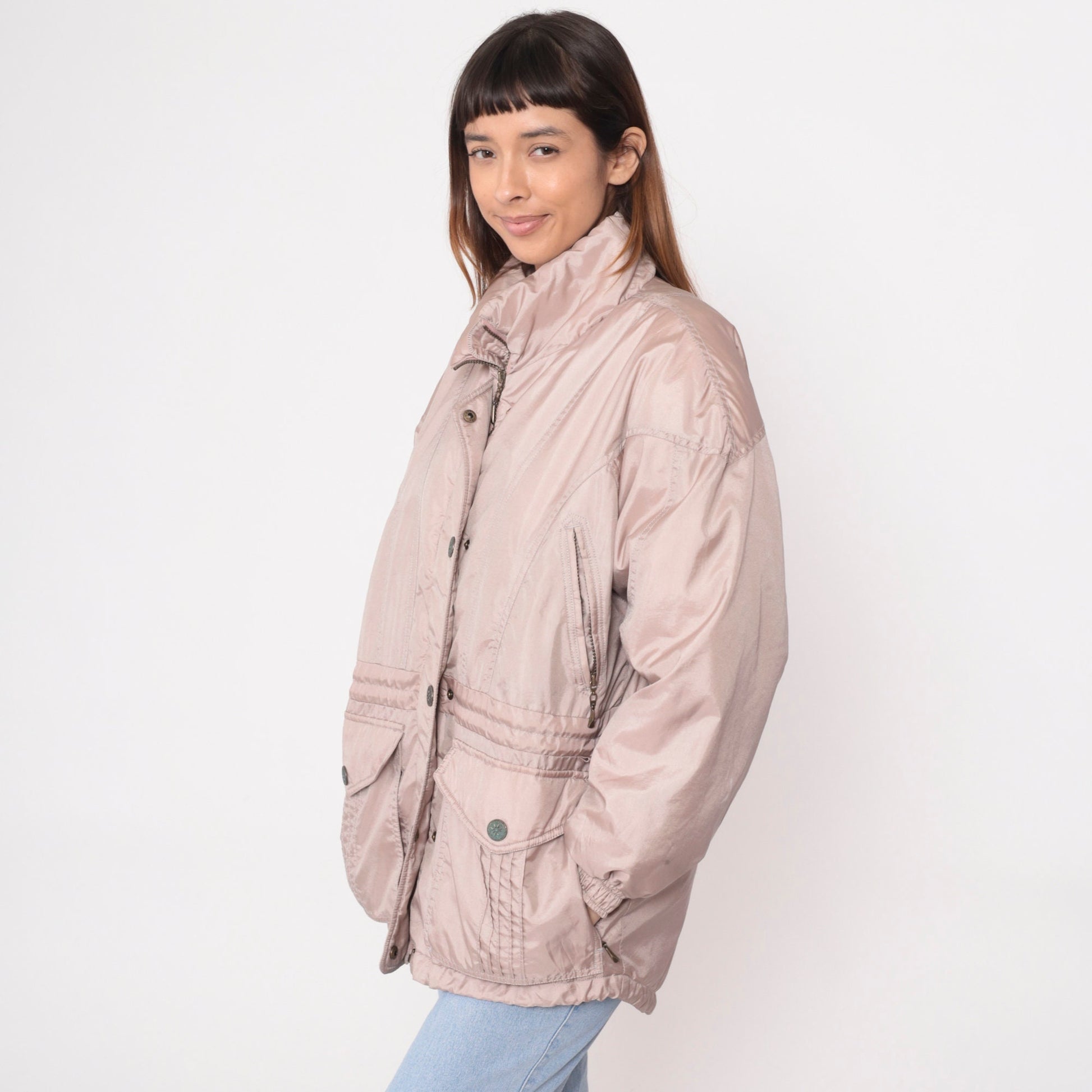 90s Mauve Puffer Ski Jacket Nylon Embroidered Drawstring Waist Large L