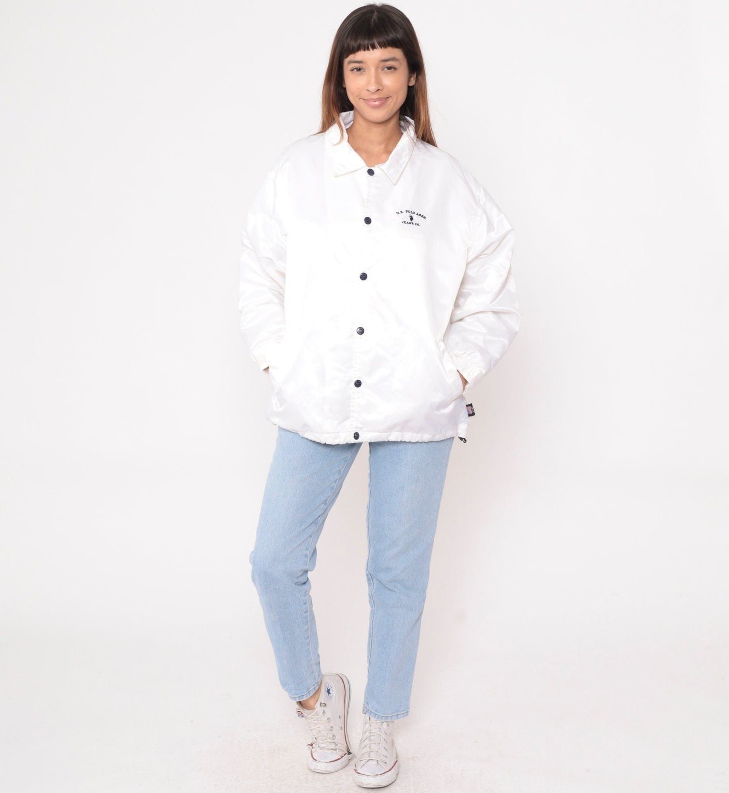 90s U.S. Polo Assn. White Nylon Windbreaker Snap Jacket Extra Large