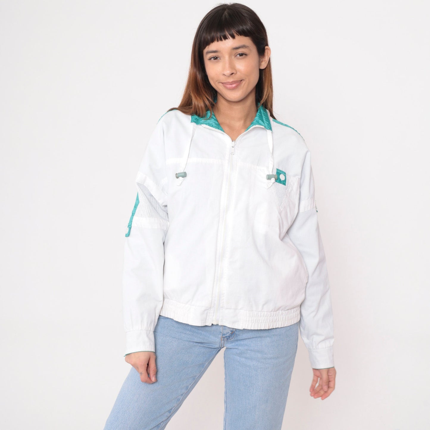 90s Reversible Windbreaker White Turquoise Mesh Trim Jacket Medium