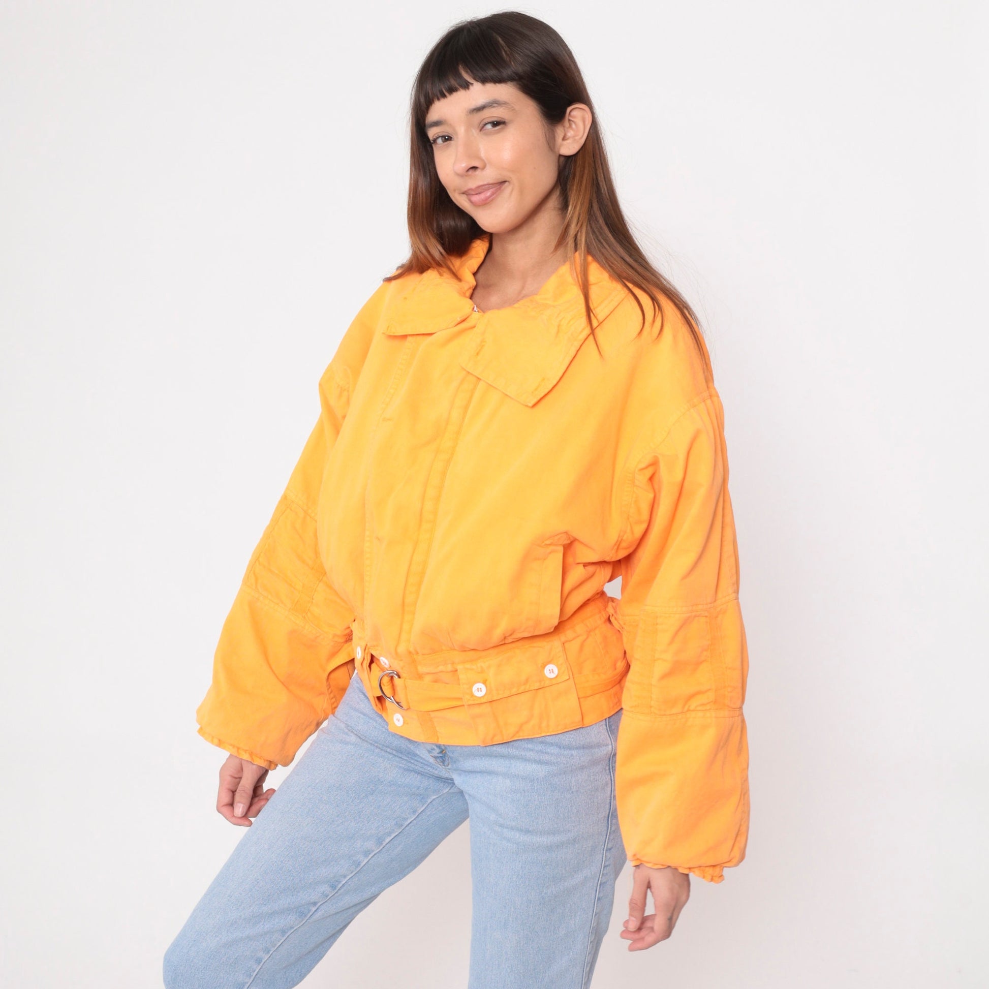 90s Orange Cotton Puffer Jacket Zip Cargo Pockets Small S