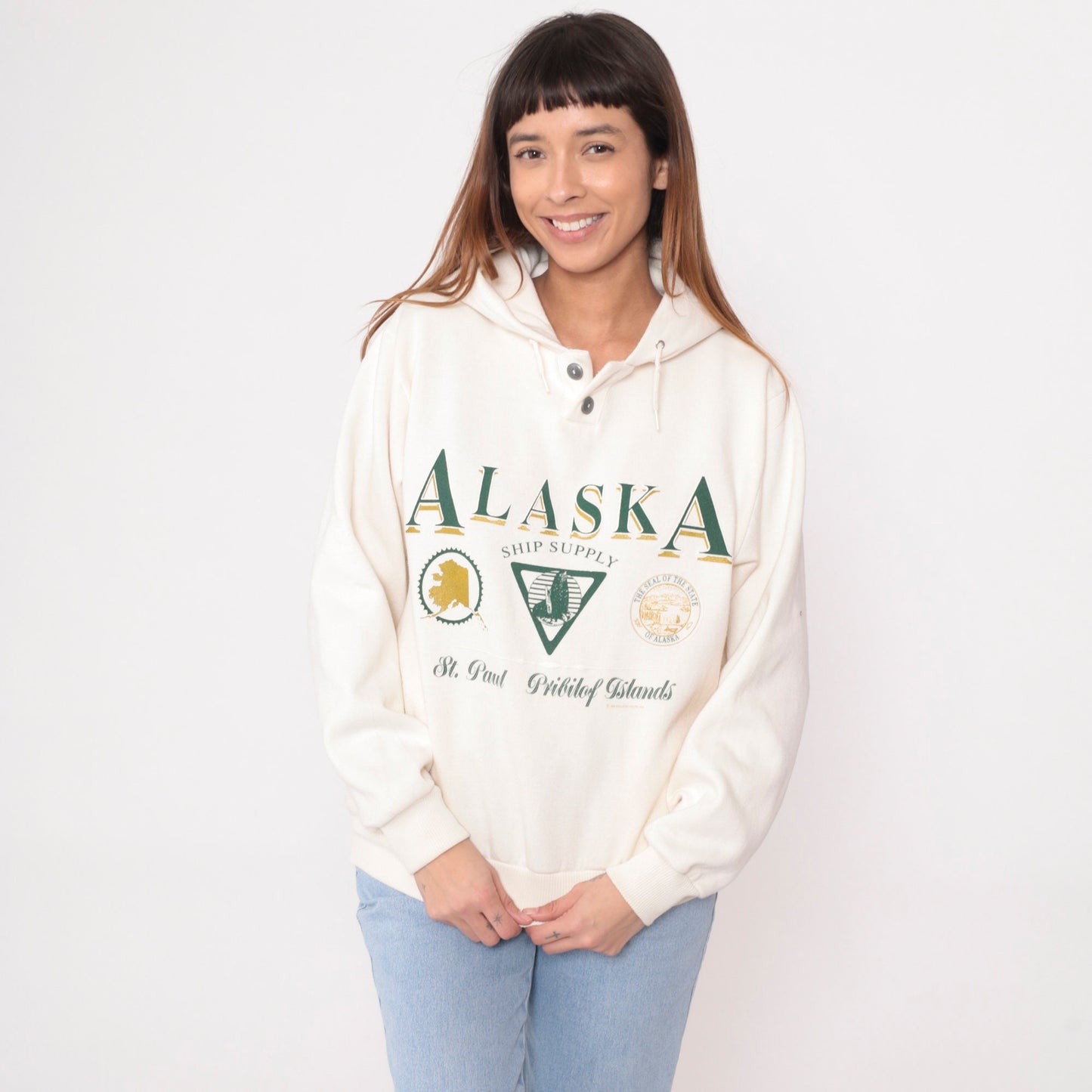90s St. Paul Island Alaska Hooded Sweatshirt Cream Graphic Medium