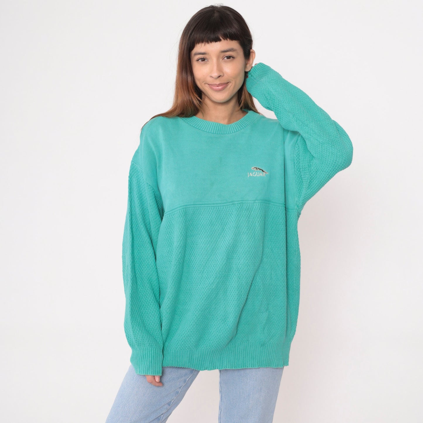 90s Andrew Rohan Jaguar Cotton Knit Sweater Aqua Green Extra Large XL