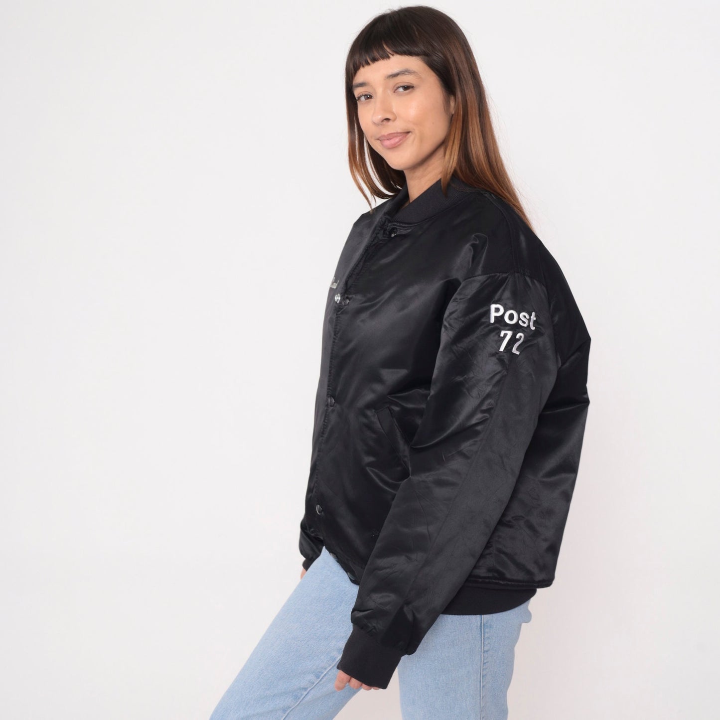 90s AMVETS Bomber Jacket Black Nylon Satin Snap Buffalo NY Large